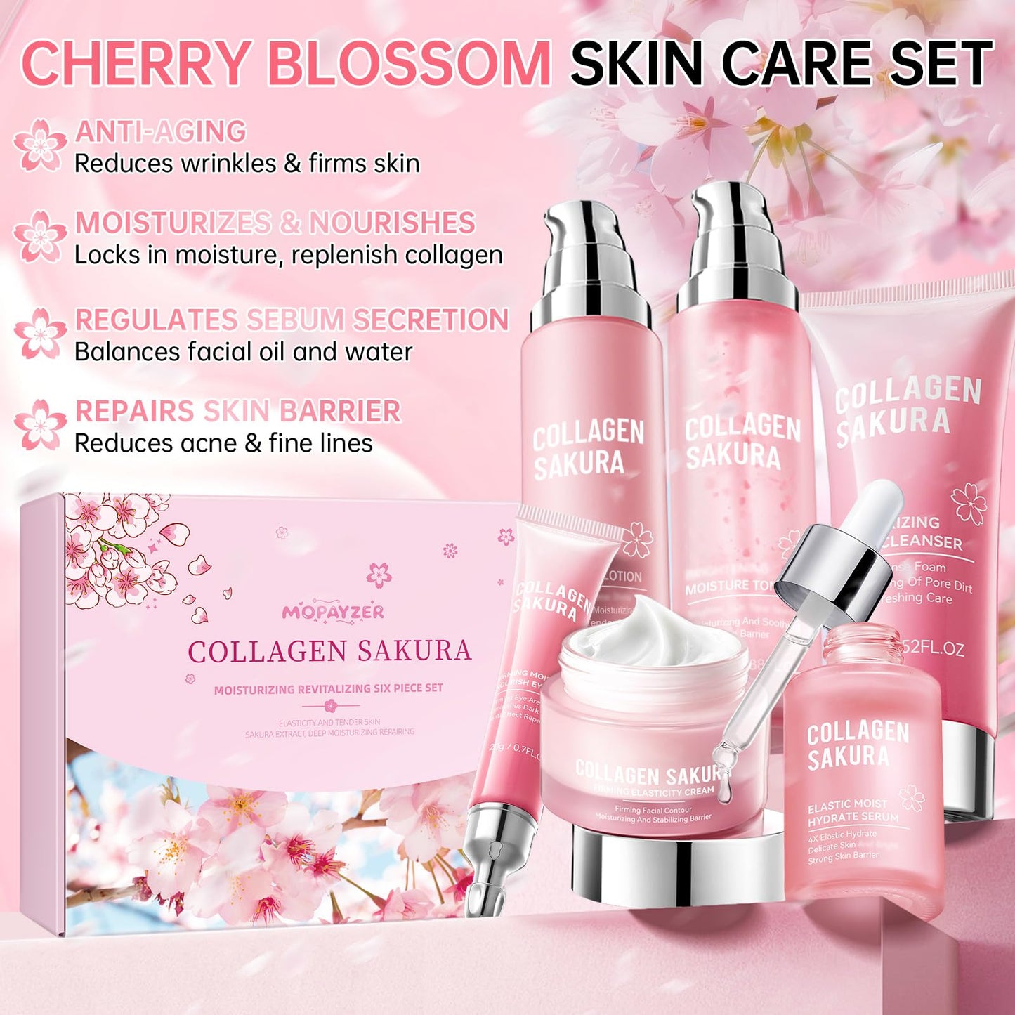 Mopayzer Collagen Sakura Skincare Gift Set | Cherry Blossom Kit for Teens & Women