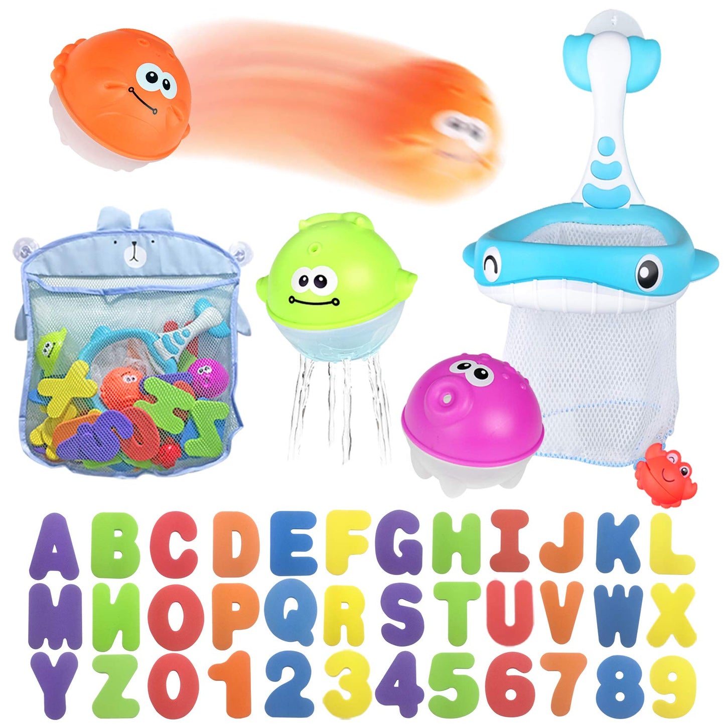 MoraBaby Bath Toy Set – 36 Foam Letters & Numbers + Floating Animals & Organizer Bag