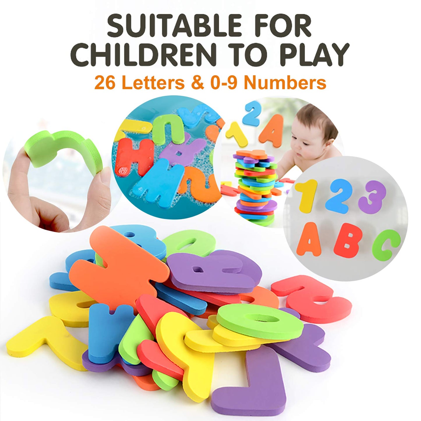 MoraBaby Bath Toy Set – 36 Foam Letters & Numbers + Floating Animals & Organizer Bag