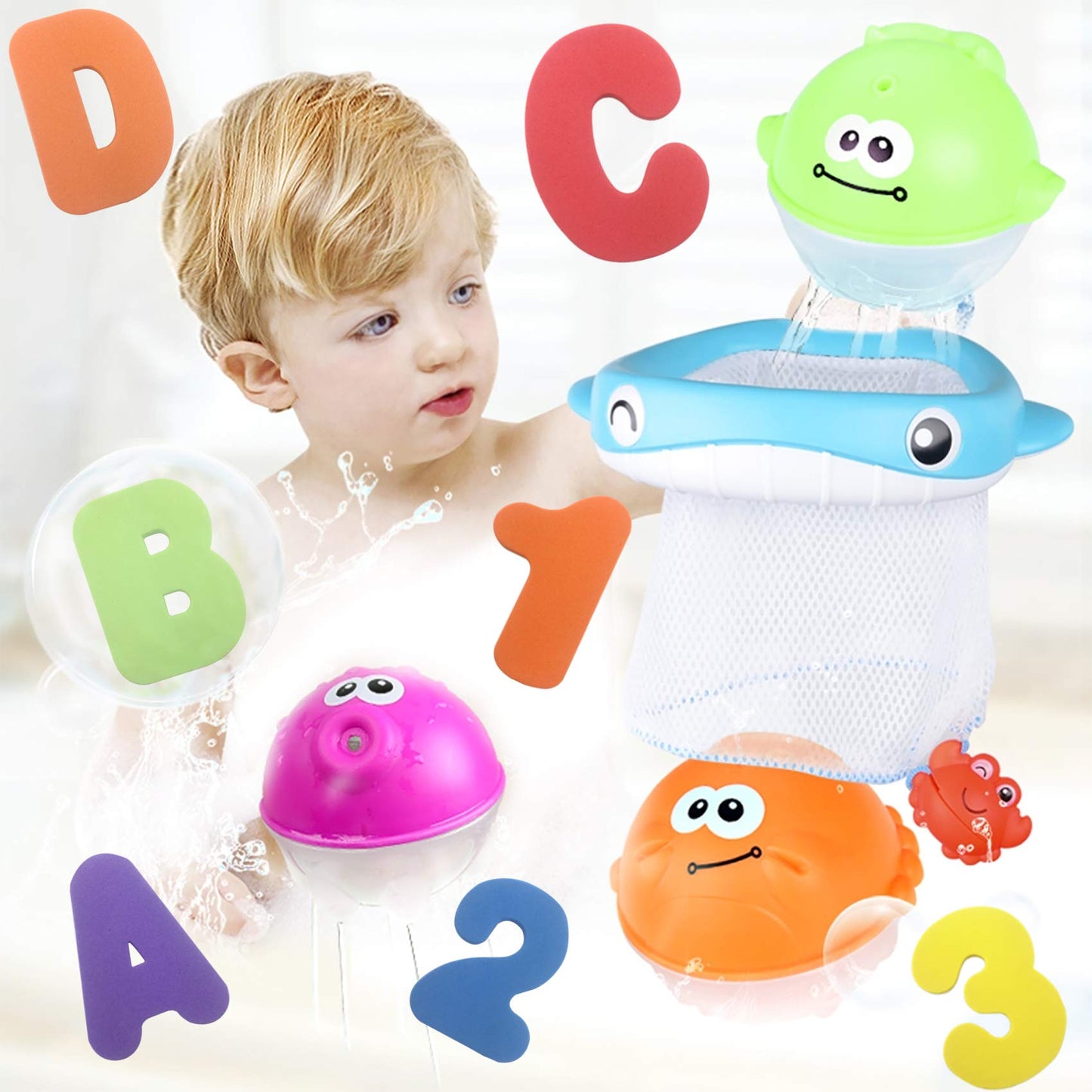 MoraBaby Bath Toy Set – 36 Foam Letters & Numbers + Floating Animals & Organizer Bag