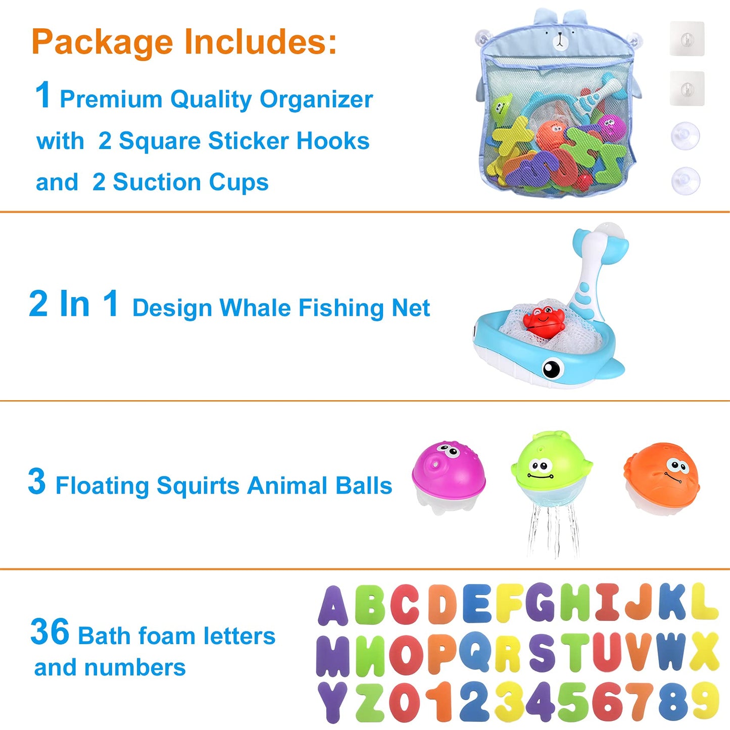 MoraBaby Bath Toy Set – 36 Foam Letters & Numbers + Floating Animals & Organizer Bag