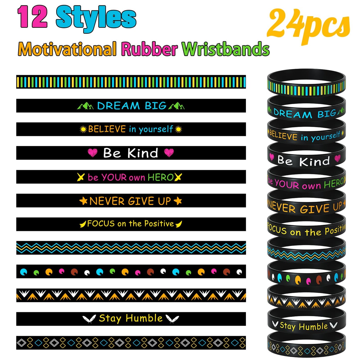 Morcheiong 24 Pieces Motivational Rubber Wristbands – 12 Designs in Black Silicone, Unisex