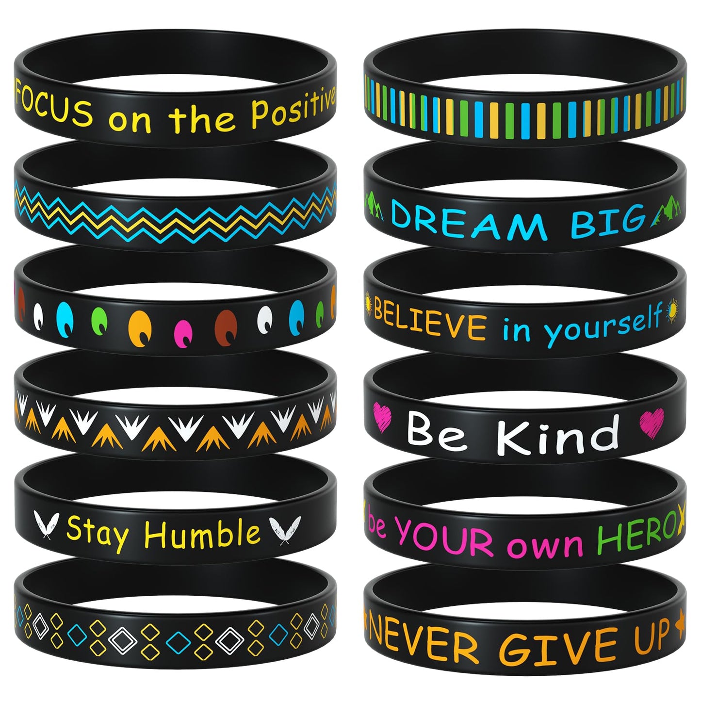 Morcheiong 24 Pieces Motivational Rubber Wristbands – 12 Designs in Black Silicone, Unisex