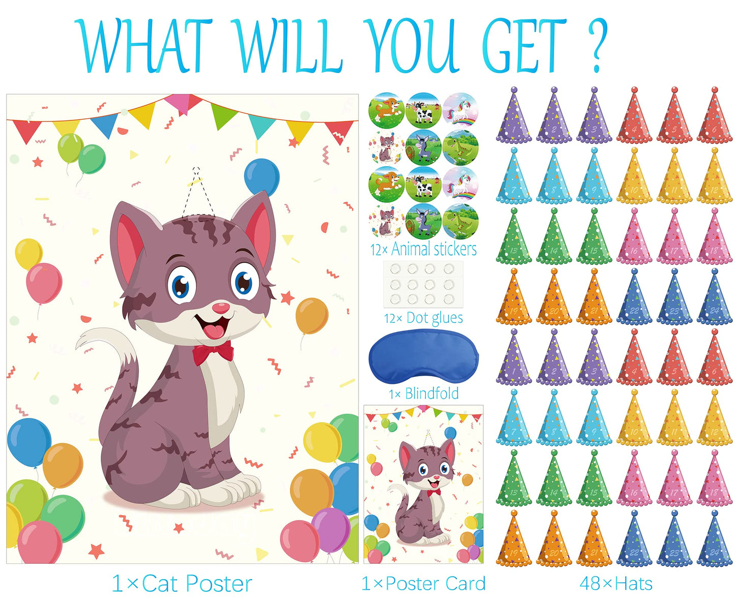 Morcheiong Pin the Tail on the Cat Birthday Game – 48 Hats for Cat-Themed Parties