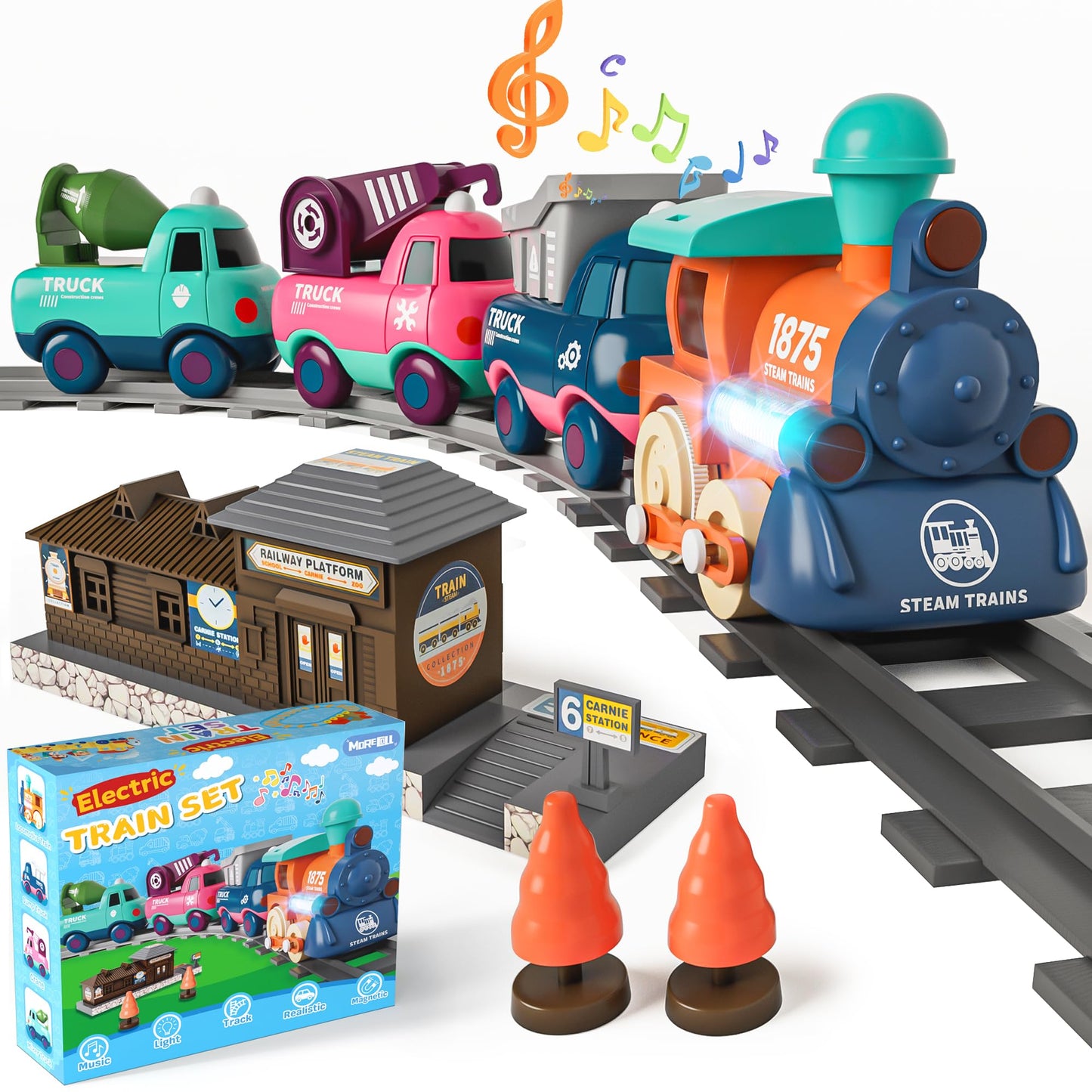 MORECOLL Electric Train Set for Toddlers & Kids | Lights, Music & Magnetic Tracks