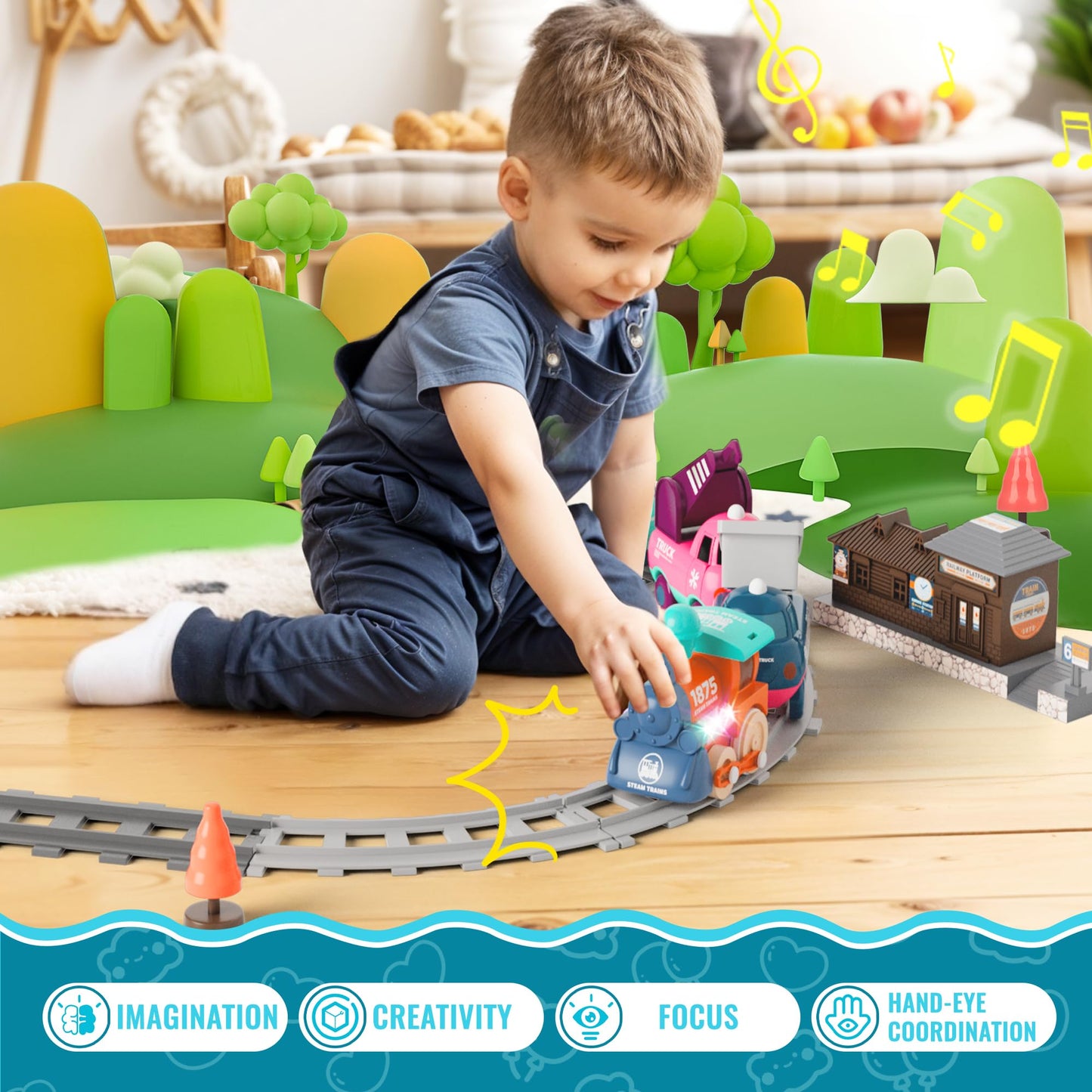 MORECOLL Electric Train Set for Toddlers & Kids | Lights, Music & Magnetic Tracks
