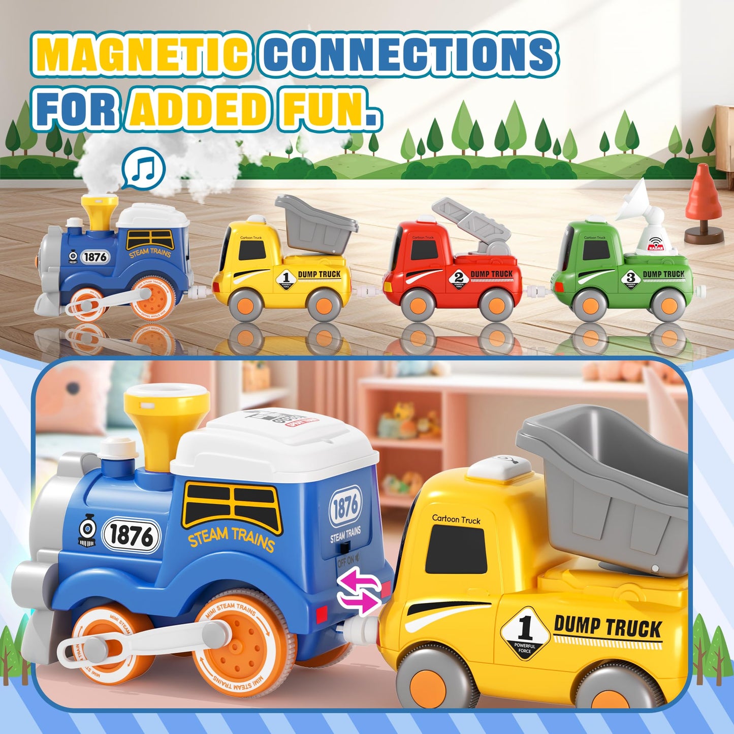 MORECOLL Train Set for Toddlers – Steam, Lights & Music, Magnetic Cars