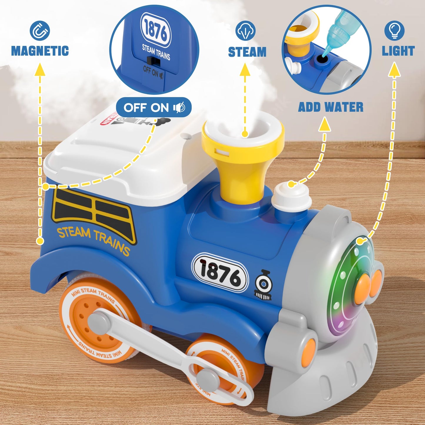 MORECOLL Train Set for Toddlers – Steam, Lights & Music, Magnetic Cars