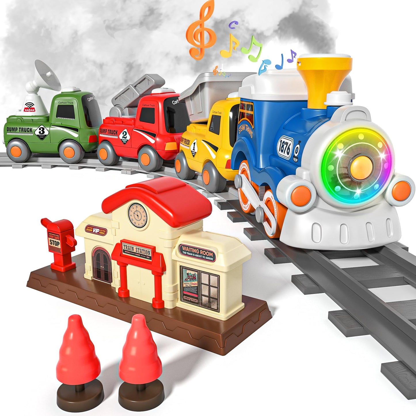 MORECOLL Train Set for Toddlers – Steam, Lights & Music, Magnetic Cars