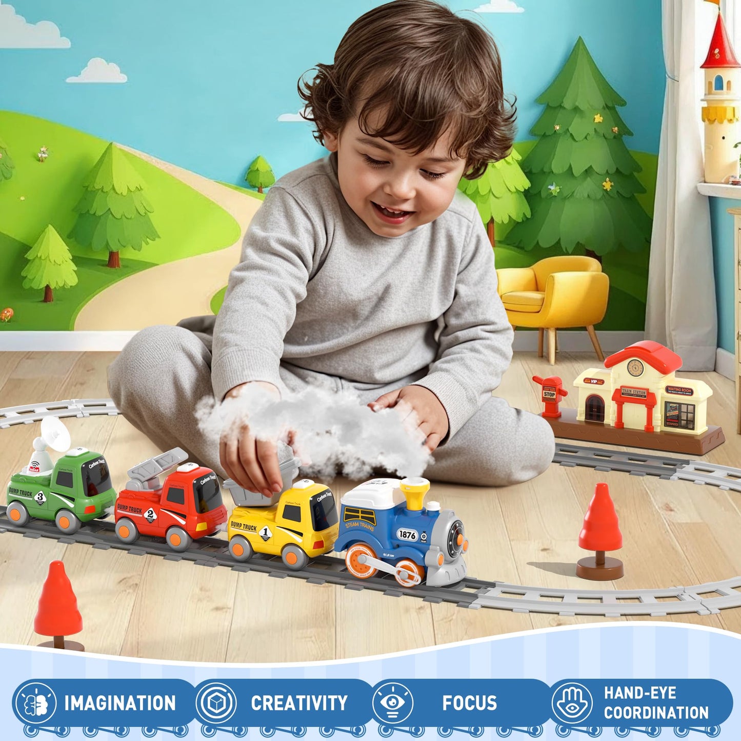 MORECOLL Train Set for Toddlers – Steam, Lights & Music, Magnetic Cars