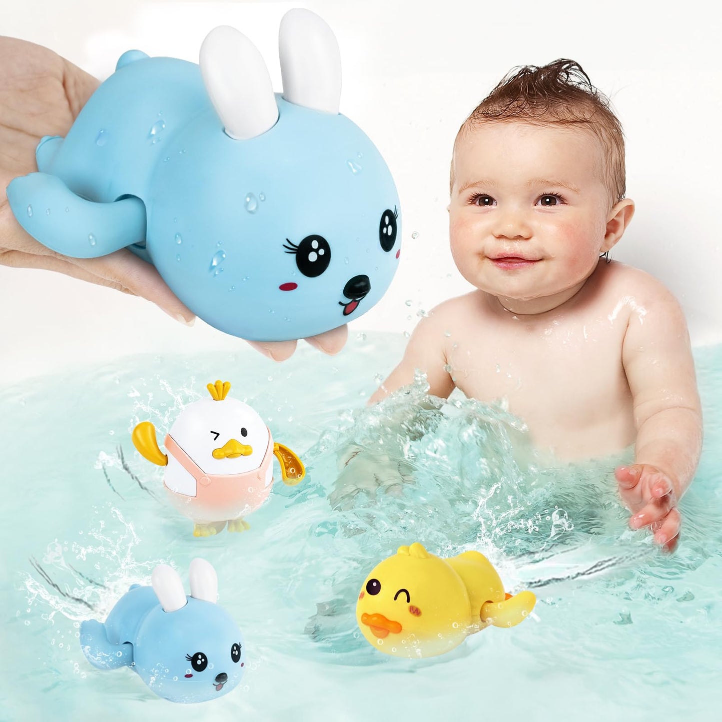 MOREDOTS Easter Wind-Up Bath Toys Set – 3 Floating Toys (Bunny, Chick, Duck)