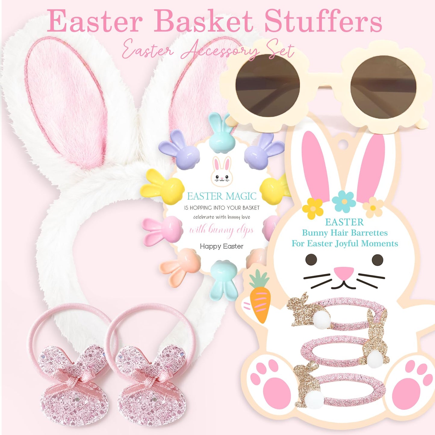 MOREDOTS Easter Basket Stuffers – Hair Accessories Set for Kids | Bunny Headband, Clips, Hair Ties, Sunglasses