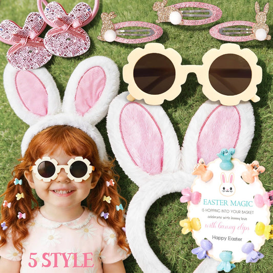 MOREDOTS Easter Basket Stuffers – Hair Accessories Set for Kids | Bunny Headband, Clips, Hair Ties, Sunglasses