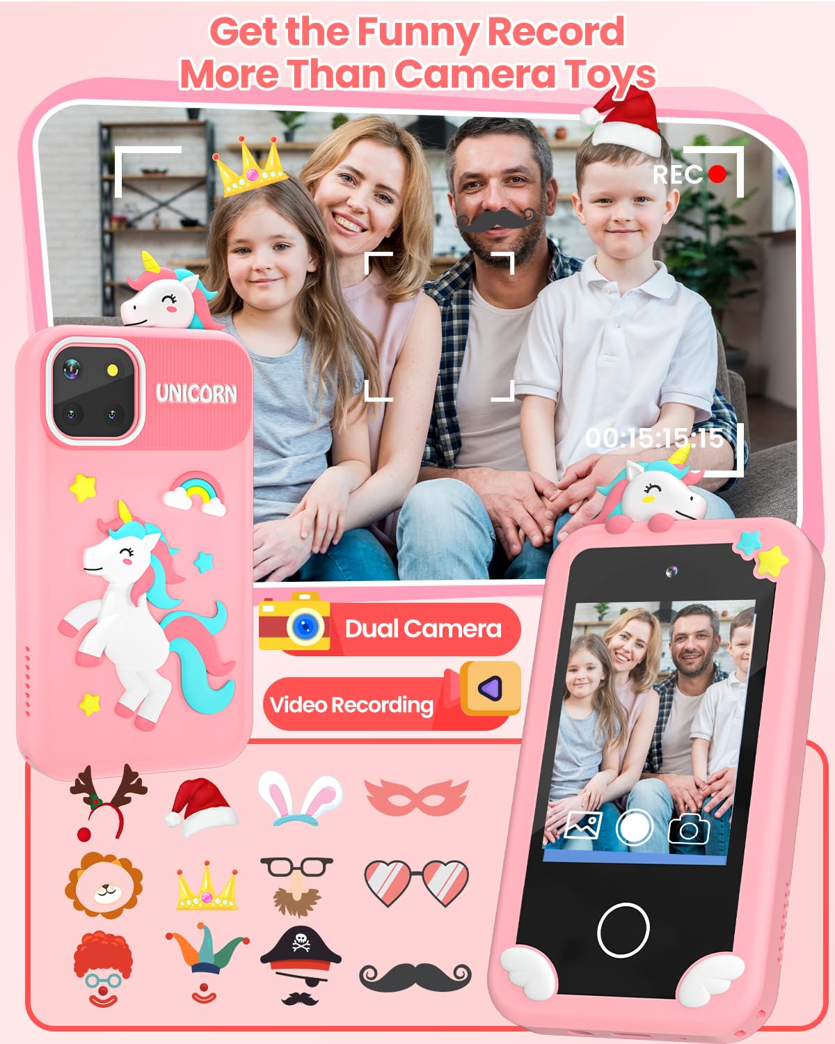 MOREXIMI Kids Smart Phone for Girls with 3D Holographic Pyramid, 32GB, 2.8" Touchscreen, Dual Camera – Pink