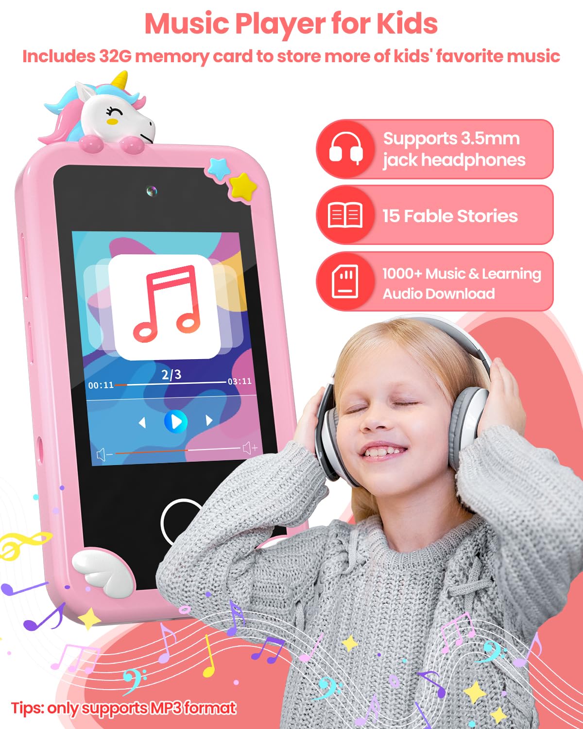 MOREXIMI Kids Smart Phone for Girls with 3D Holographic Pyramid, 32GB, 2.8" Touchscreen, Dual Camera – Pink