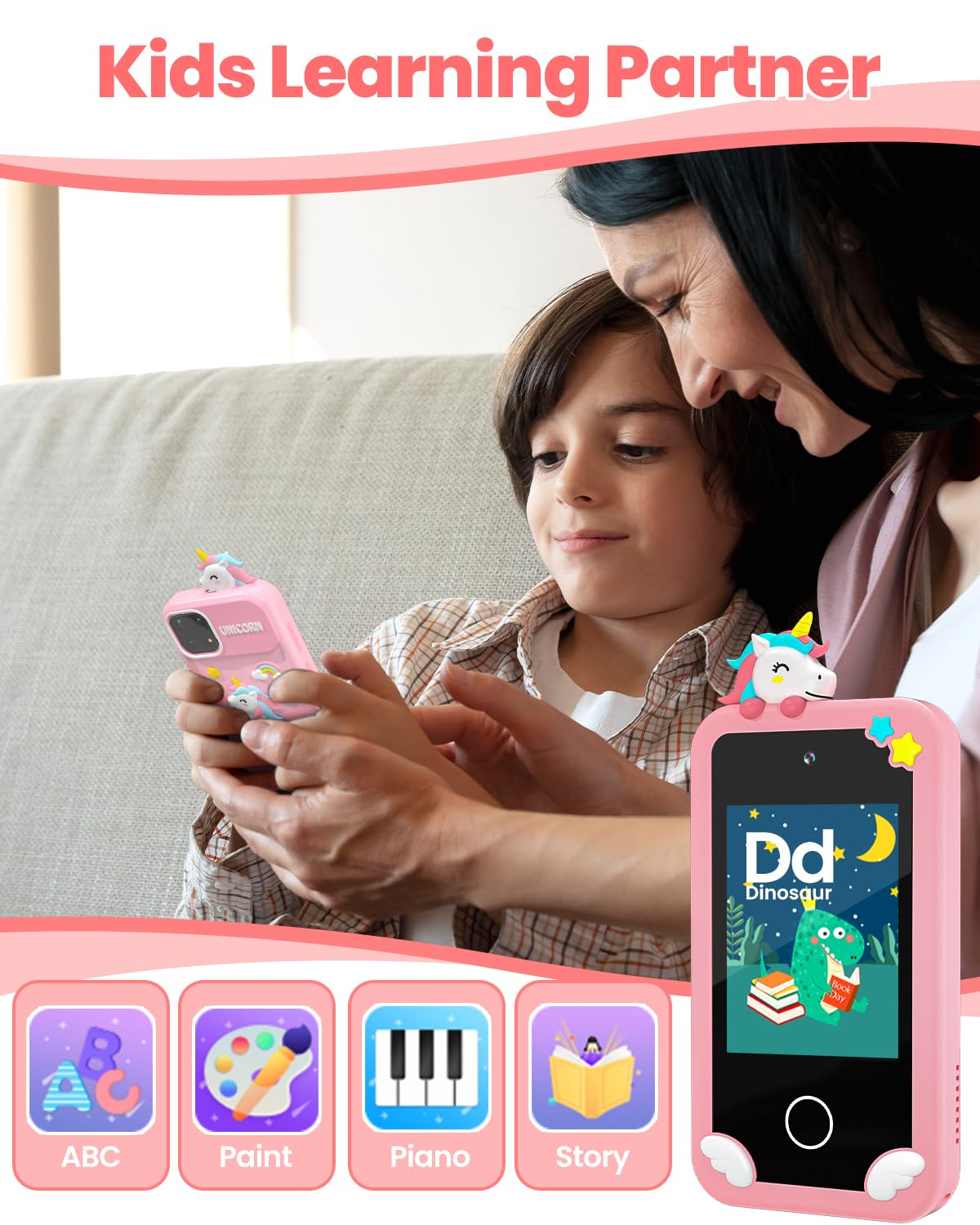 MOREXIMI Kids Smart Phone for Girls with 3D Holographic Pyramid, 32GB, 2.8" Touchscreen, Dual Camera – Pink