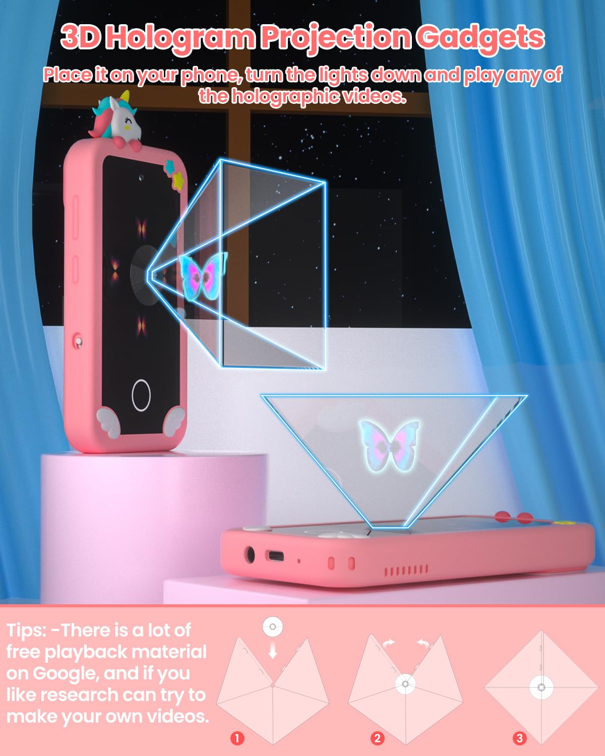 MOREXIMI Kids Smart Phone for Girls with 3D Holographic Pyramid, 32GB, 2.8" Touchscreen, Dual Camera – Pink