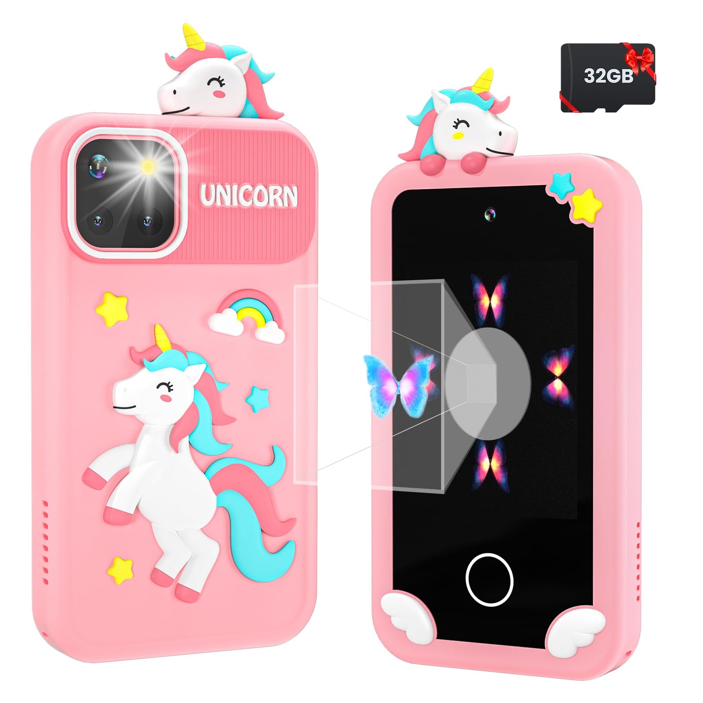 MOREXIMI Kids Smart Phone for Girls with 3D Holographic Pyramid, 32GB, 2.8" Touchscreen, Dual Camera – Pink