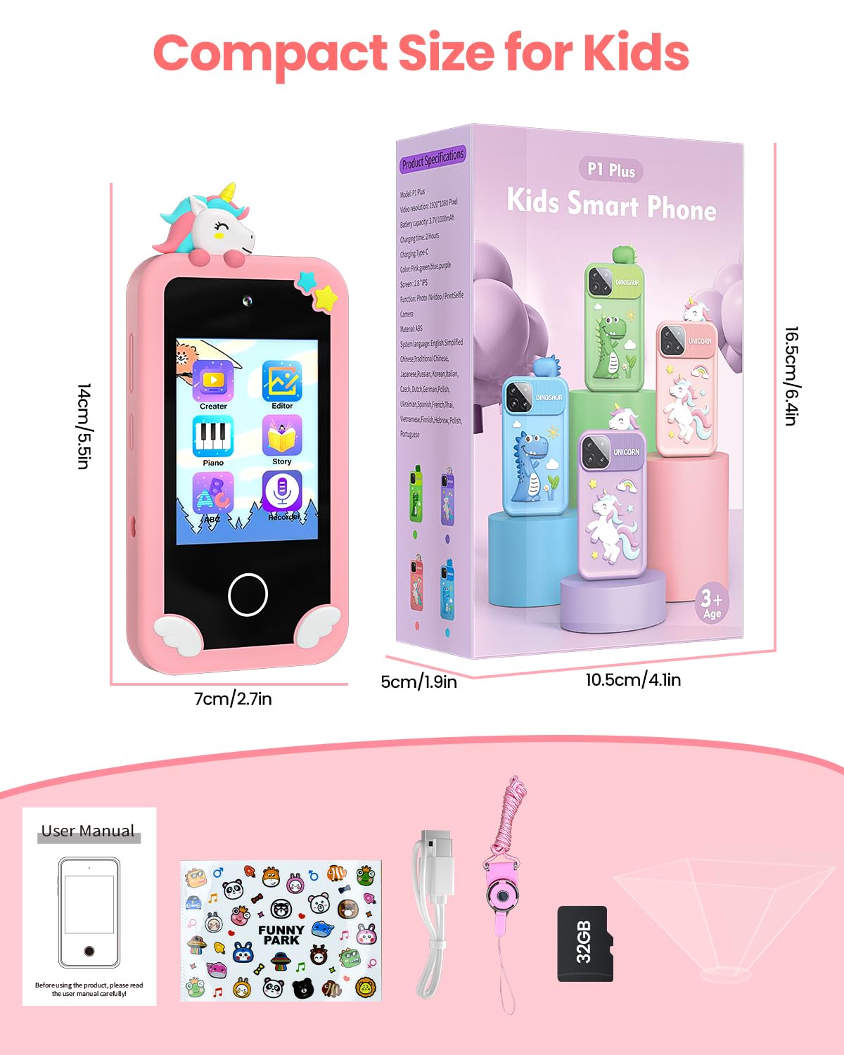 MOREXIMI Kids Smart Phone for Girls with 3D Holographic Pyramid, 32GB, 2.8" Touchscreen, Dual Camera – Pink