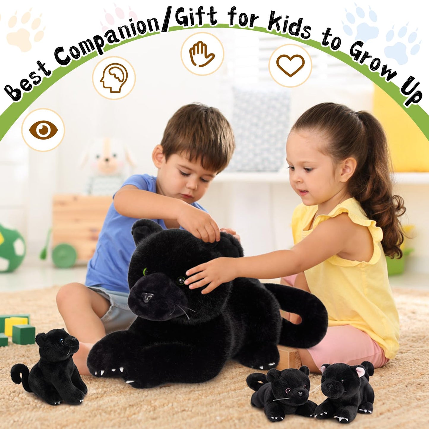 MorisMos Black Panther Stuffed Animal Family – 18" Mama with 3 Cubs, 4-Pack Plush Toys