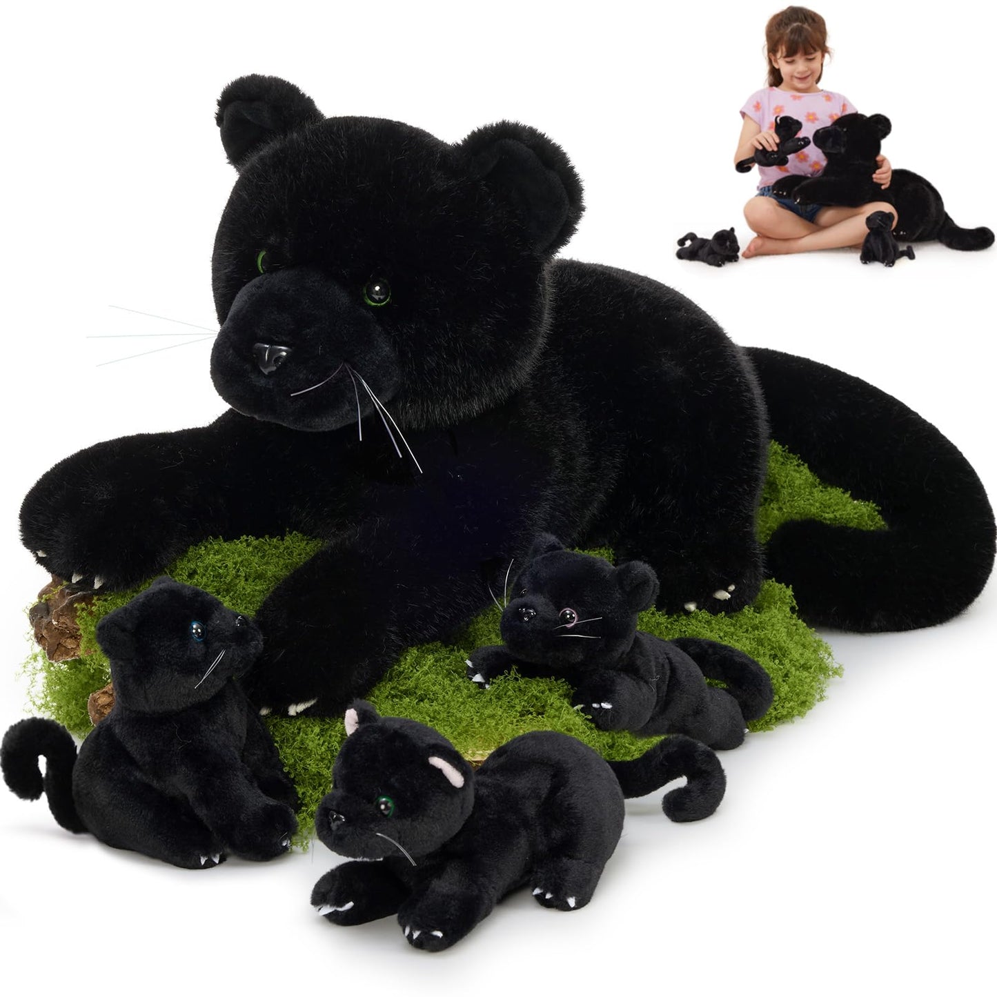 MorisMos Black Panther Stuffed Animal Family – 18" Mama with 3 Cubs, 4-Pack Plush Toys