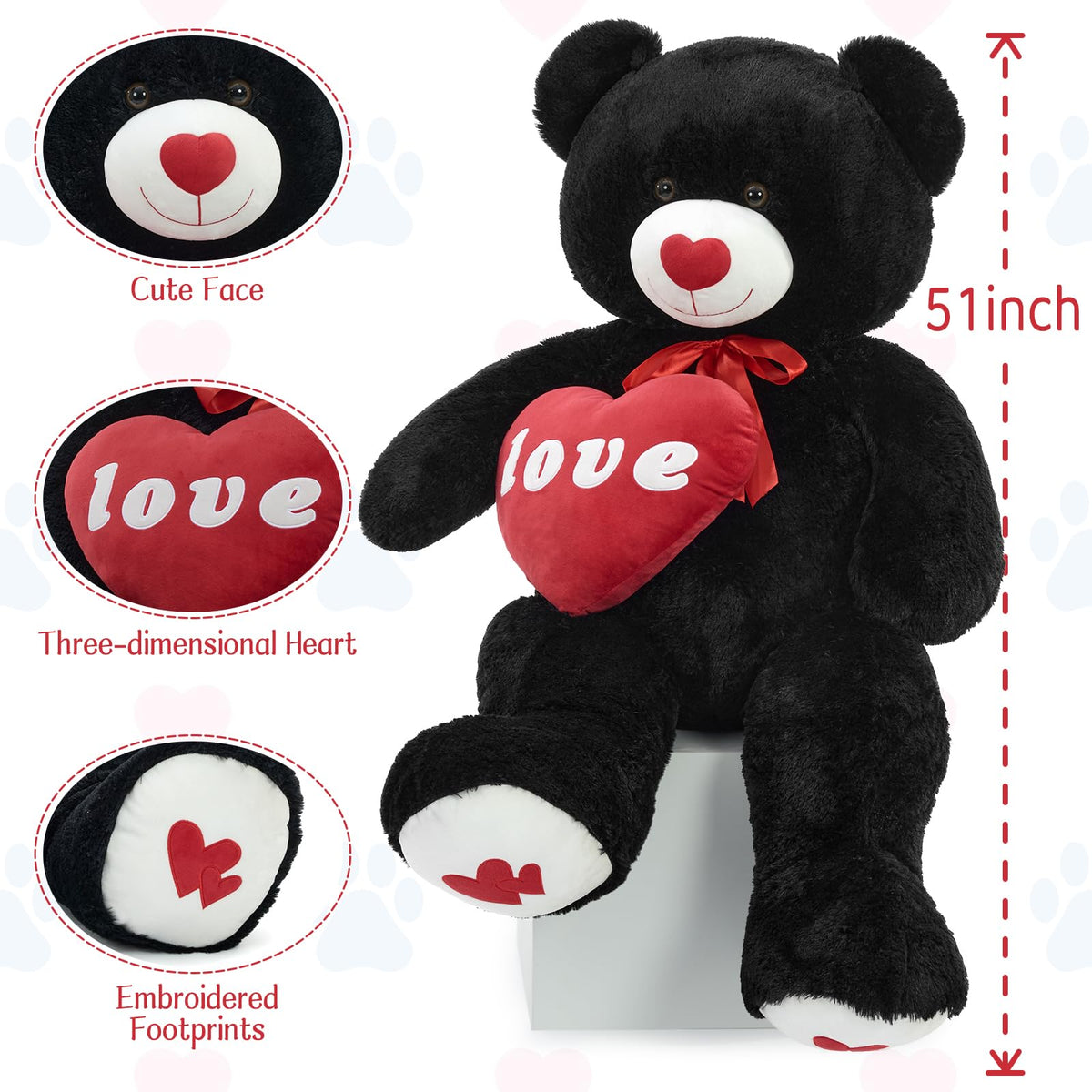 MorisMos Love Heart Giant Teddy Bear – 51-Inch Black Plush Gift