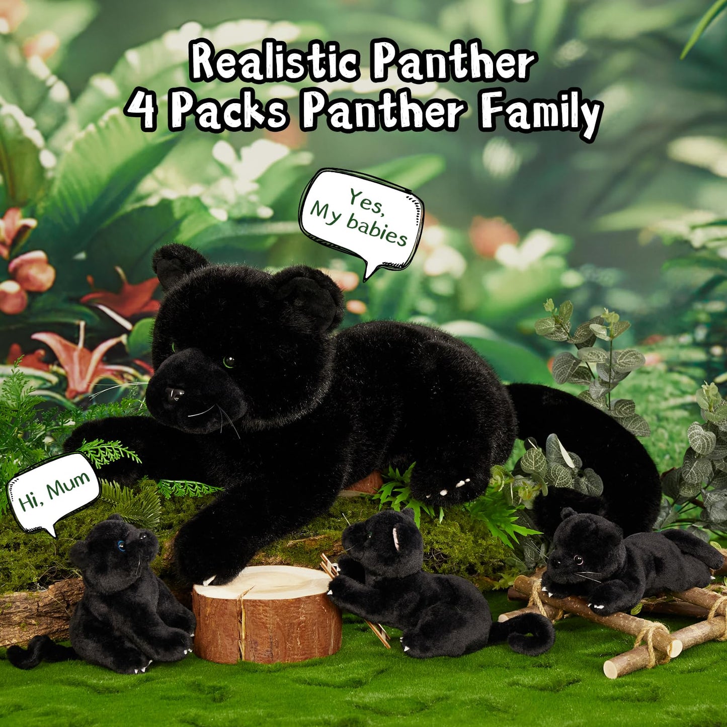 MorisMos Black Panther Stuffed Animal Family – 18" Mama with 3 Cubs, 4-Pack Plush Toys