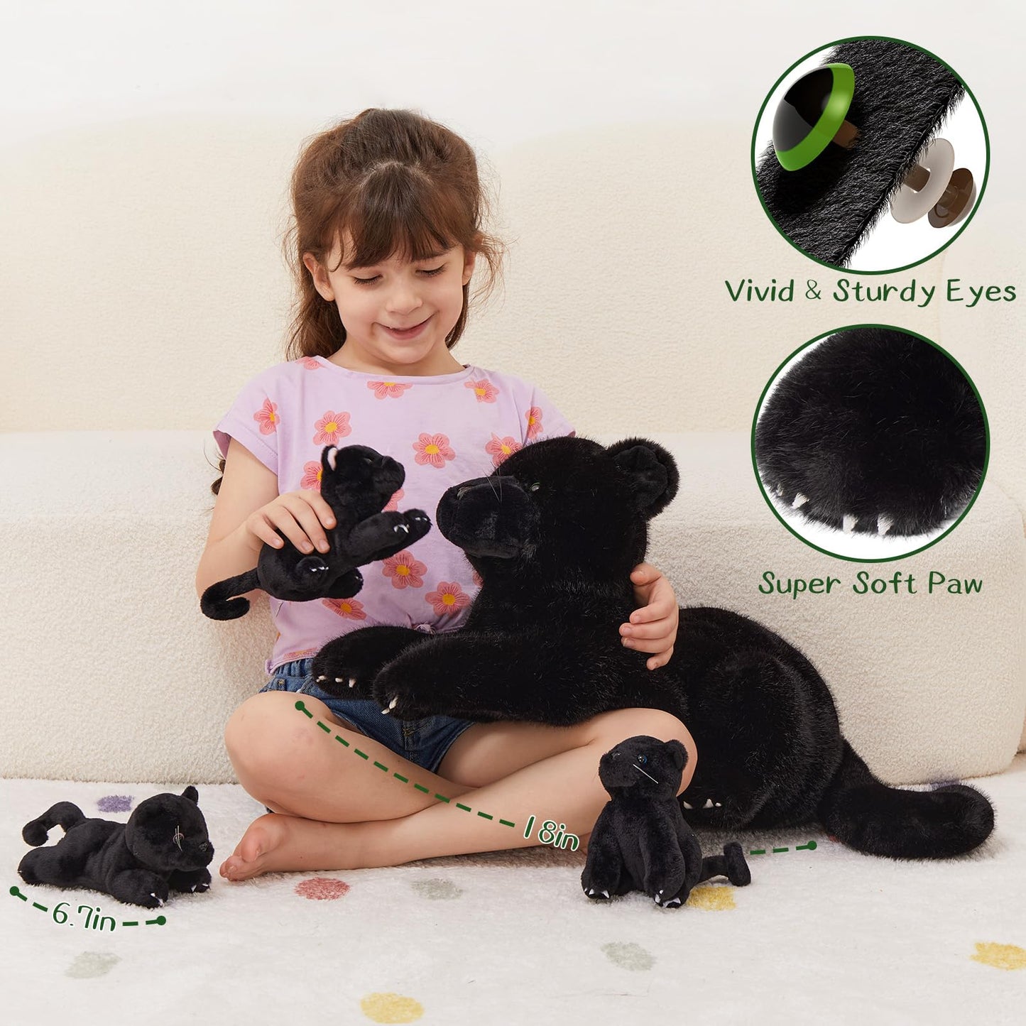 MorisMos Black Panther Stuffed Animal Family – 18" Mama with 3 Cubs, 4-Pack Plush Toys