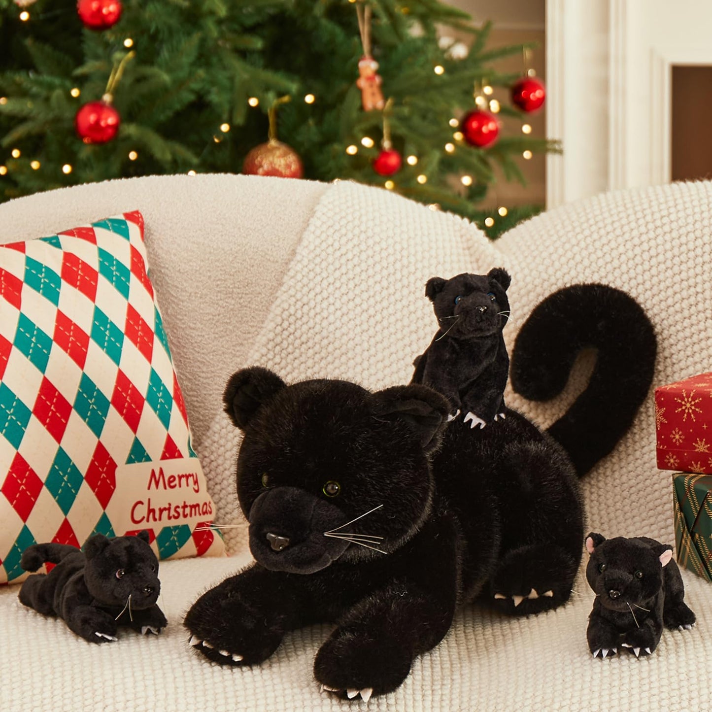 MorisMos Black Panther Stuffed Animal Family – 18" Mama with 3 Cubs, 4-Pack Plush Toys