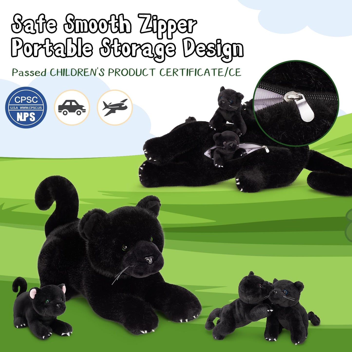 MorisMos Black Panther Stuffed Animal Family – 18" Mama with 3 Cubs, 4-Pack Plush Toys