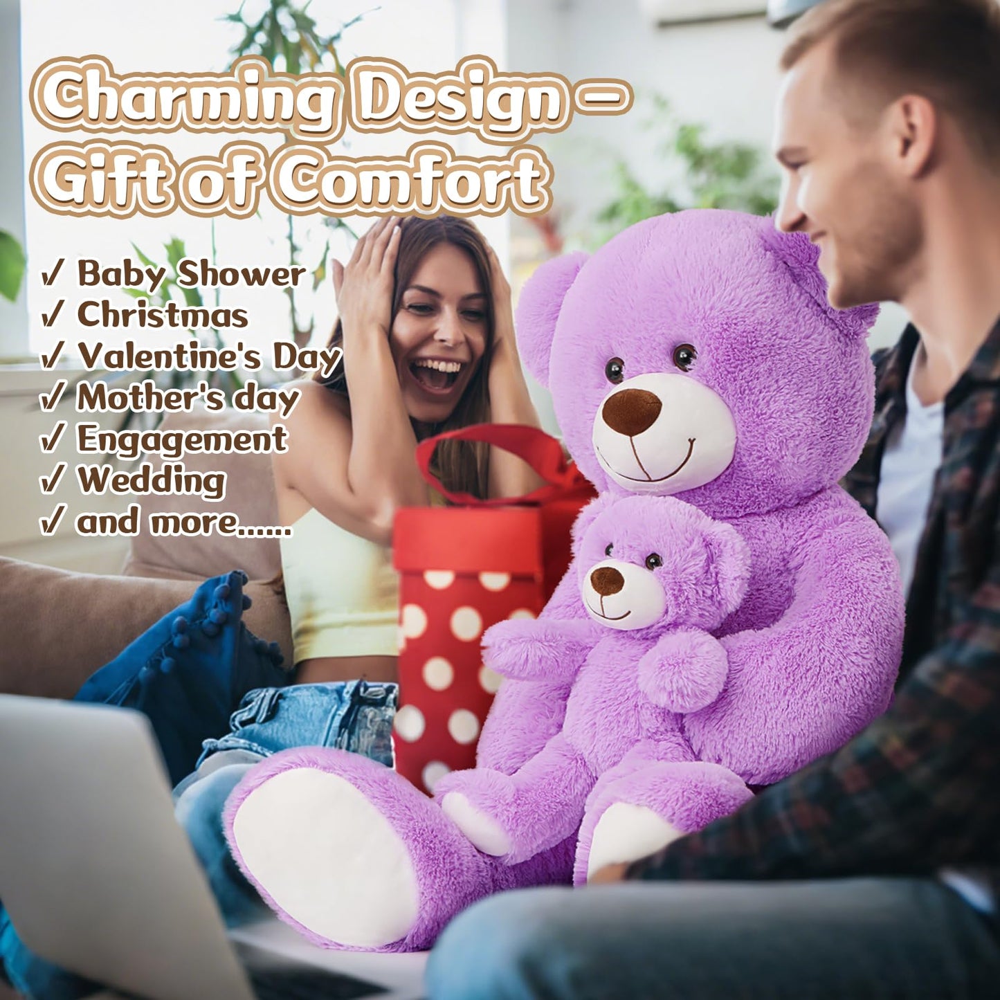MorisMos Mom and Baby Giant Teddy Bear – 39-Inch Purple Plush for Baby Showers & Cozy Rooms