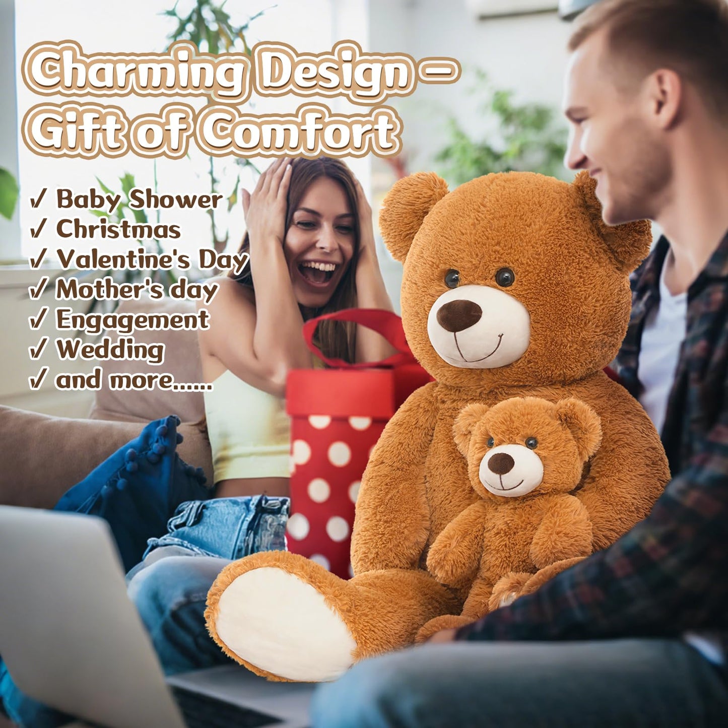 MorisMos Mom & Baby Giant Teddy Bear - 39in Plush for Baby Showers & Cozy Rooms