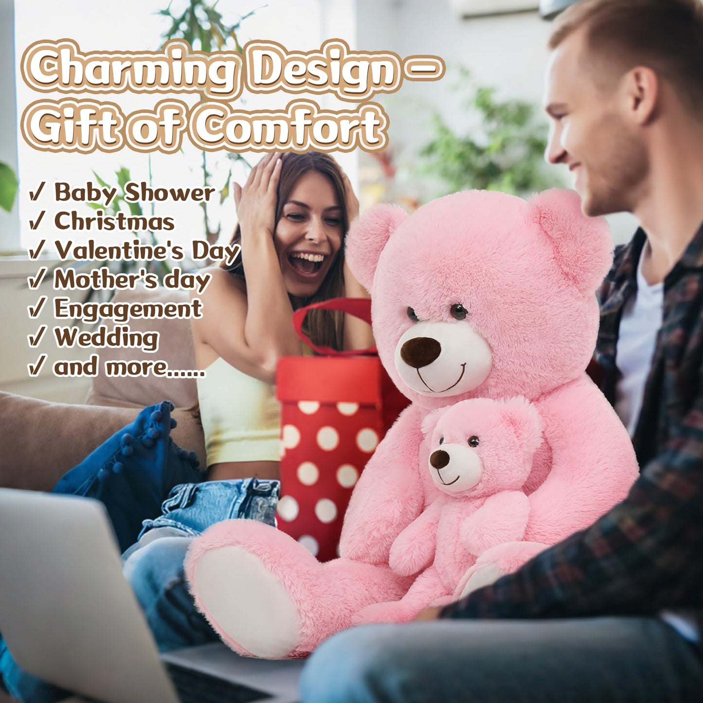MorisMos Mom and Baby Giant Teddy Bear, 39-Inch Pink Plush