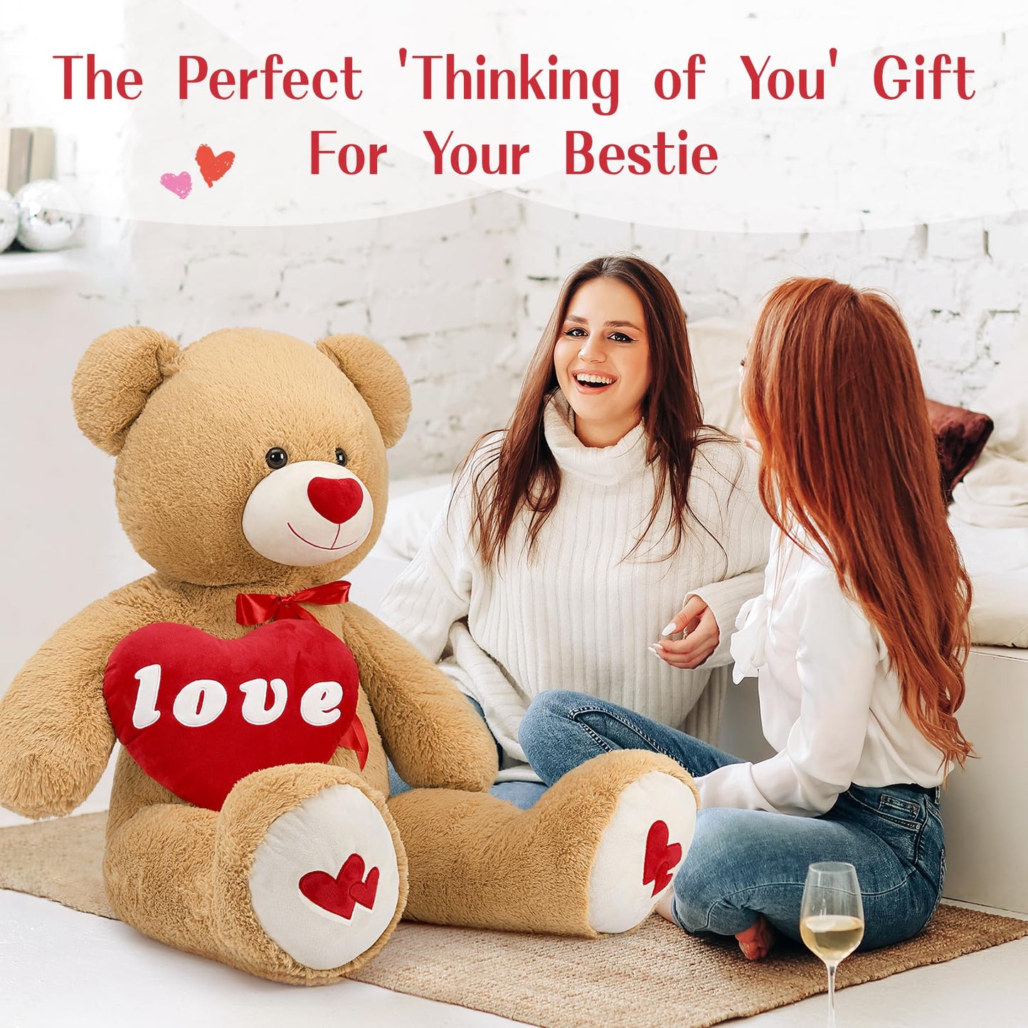 MorisMos Love Heart Giant Teddy Bear – 4 ft I Love You Plush, Brown