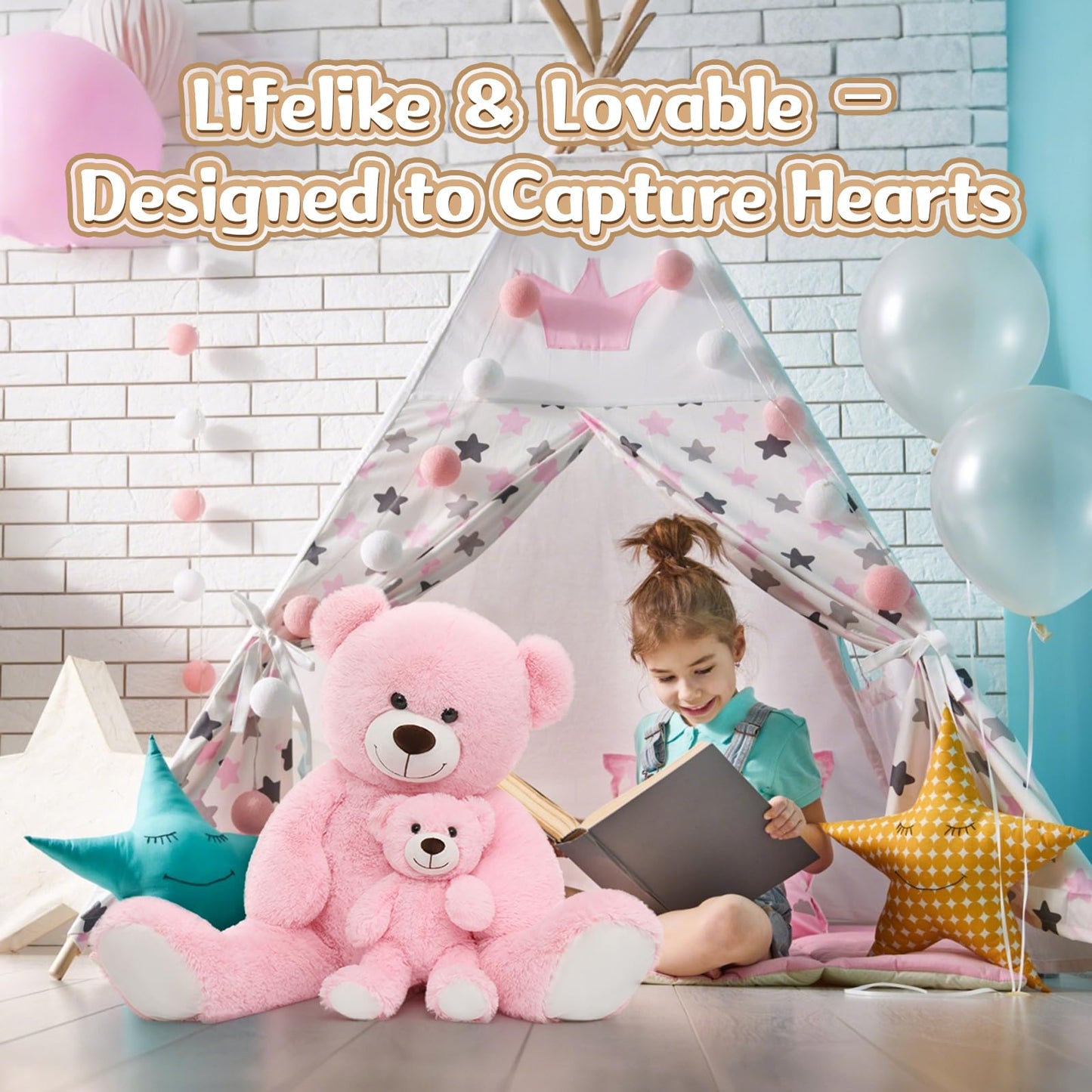 MorisMos Mom and Baby Giant Teddy Bear, 39-Inch Pink Plush