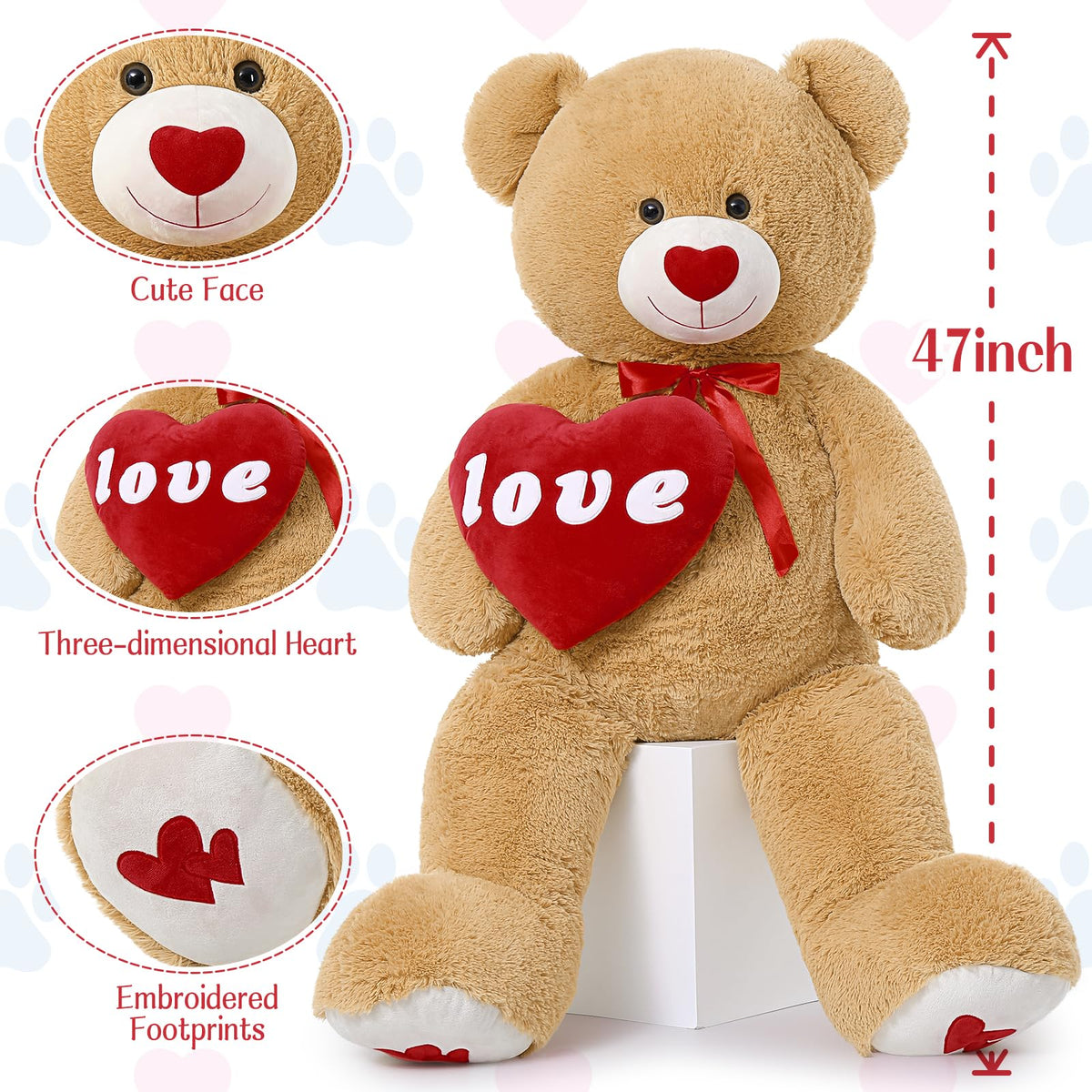 MorisMos Love Heart Giant Teddy Bear – 4 ft I Love You Plush, Brown