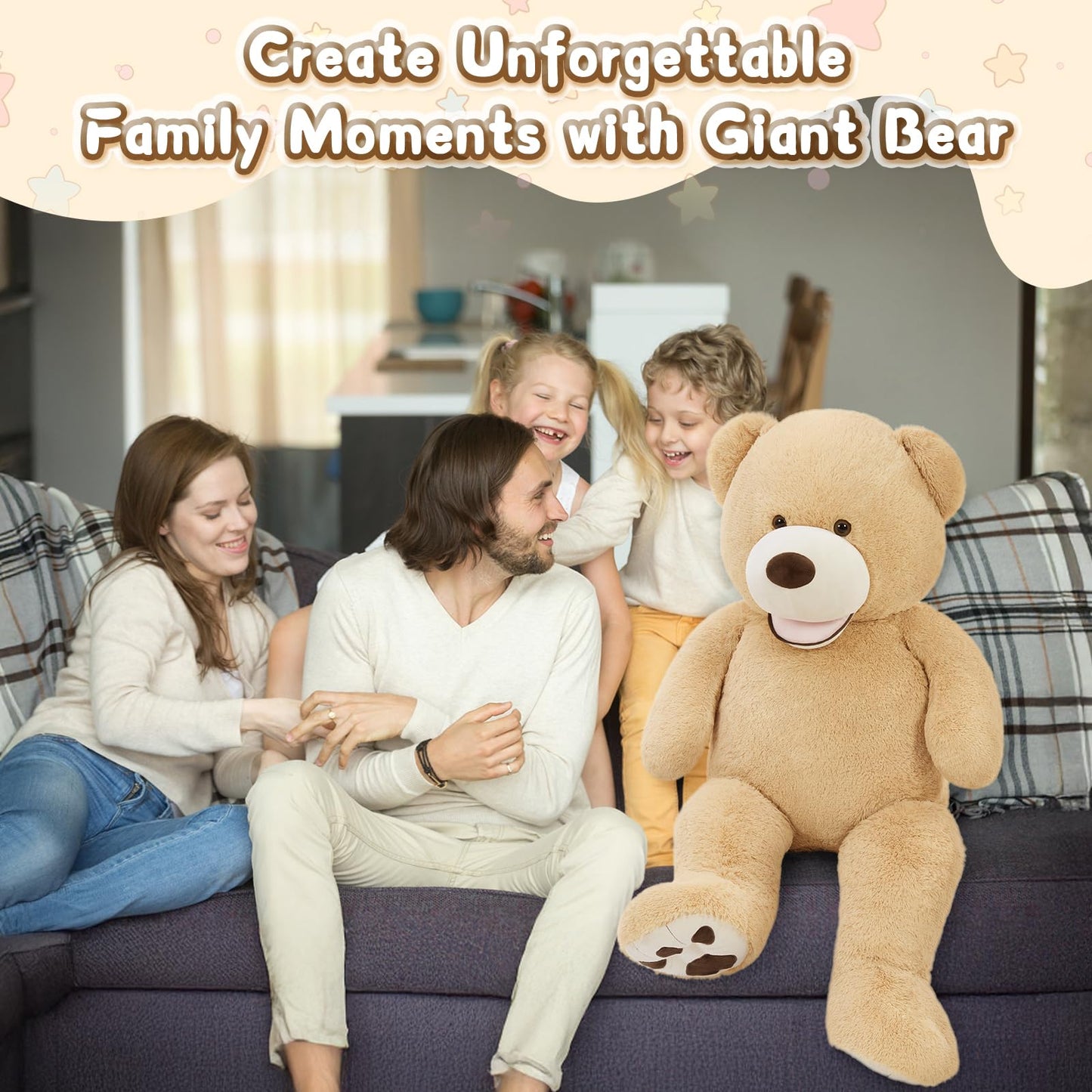 MorisMos Smiling Giant Teddy Bear – 4 ft Tall, Ultra-Soft Brown Plush