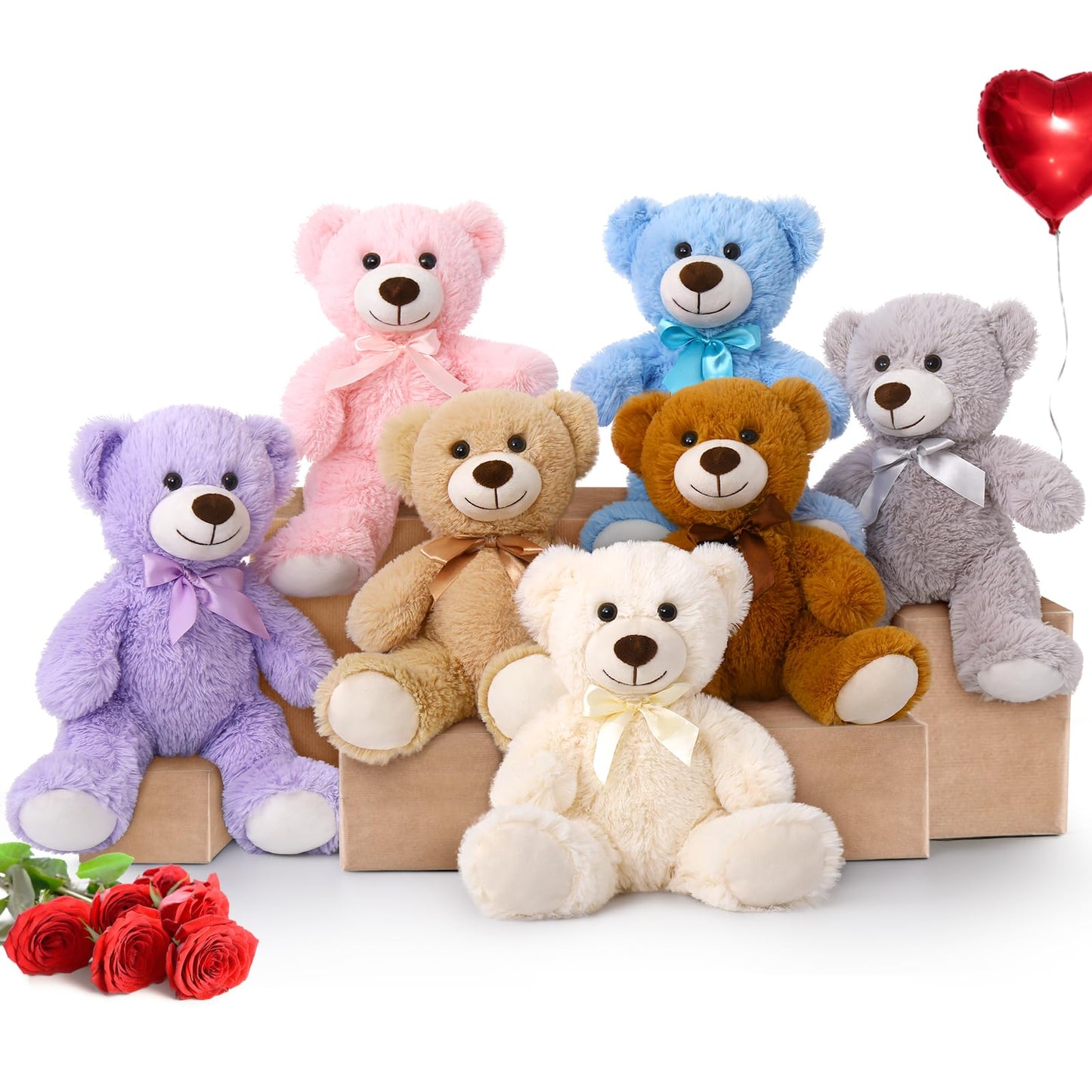 MorisMos 14-Inch Bulk Teddy Bears – 7-Pack Rainbow Plush Toys for Kids, Decor & Gifts