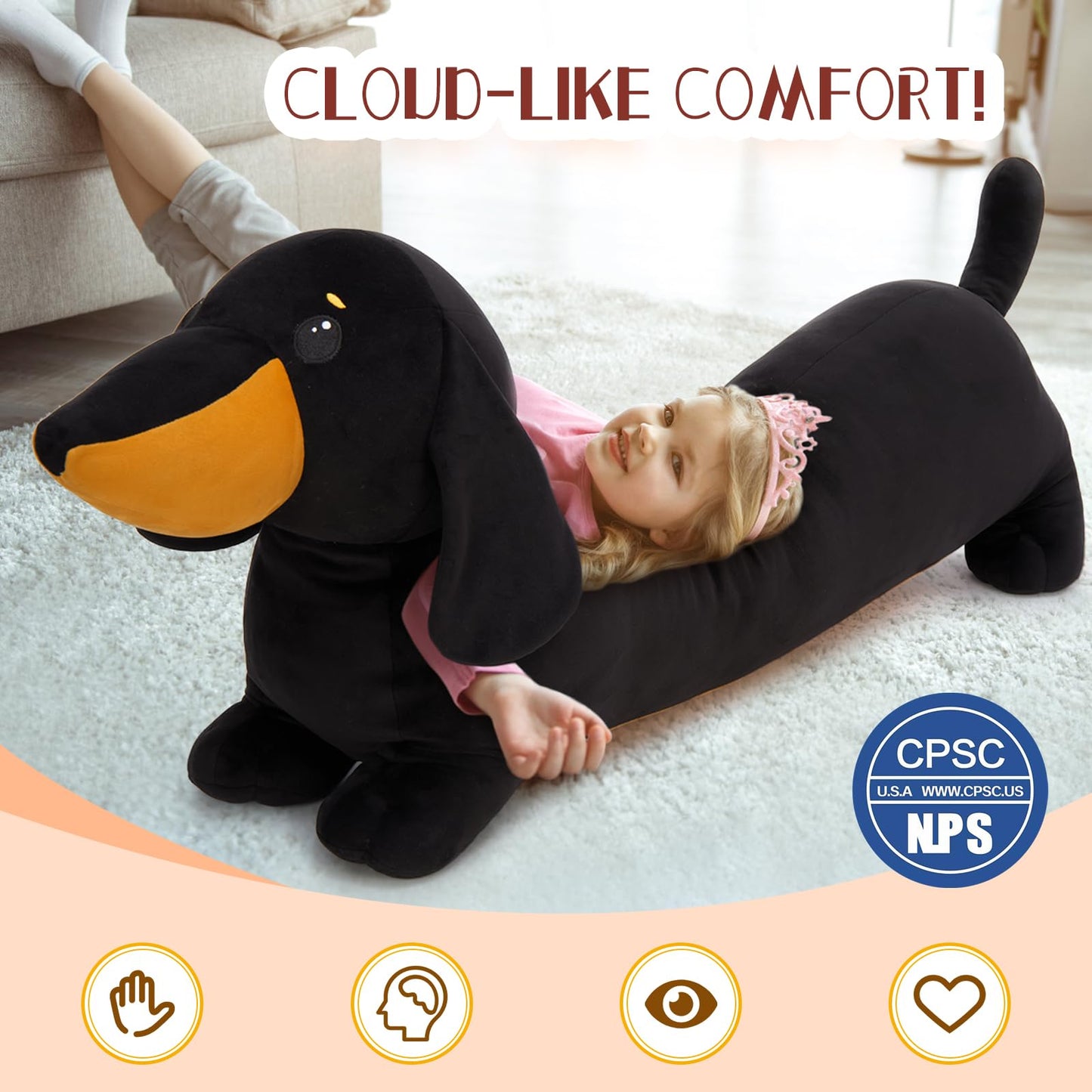 MorisMos Dachshund Plush 4ft - Realistic Black Weiner Dog Body Pillow