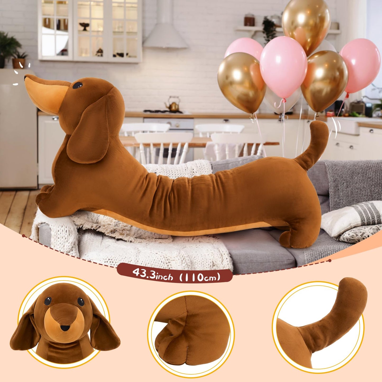 MorisMos Giant Dachshund Plush 4ft – Realistic Weiner Dog Body Pillow