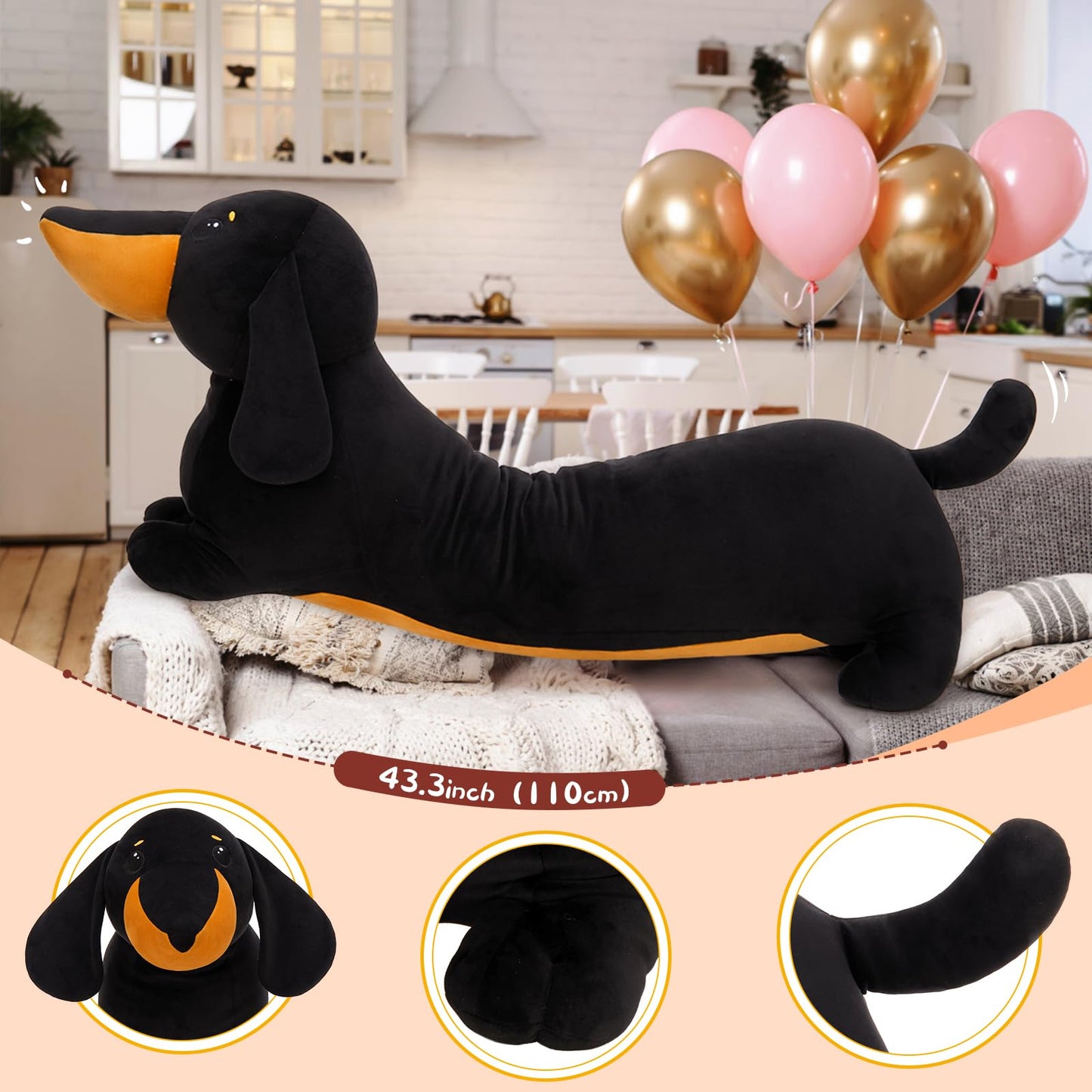 MorisMos Dachshund Plush 4ft - Realistic Black Weiner Dog Body Pillow