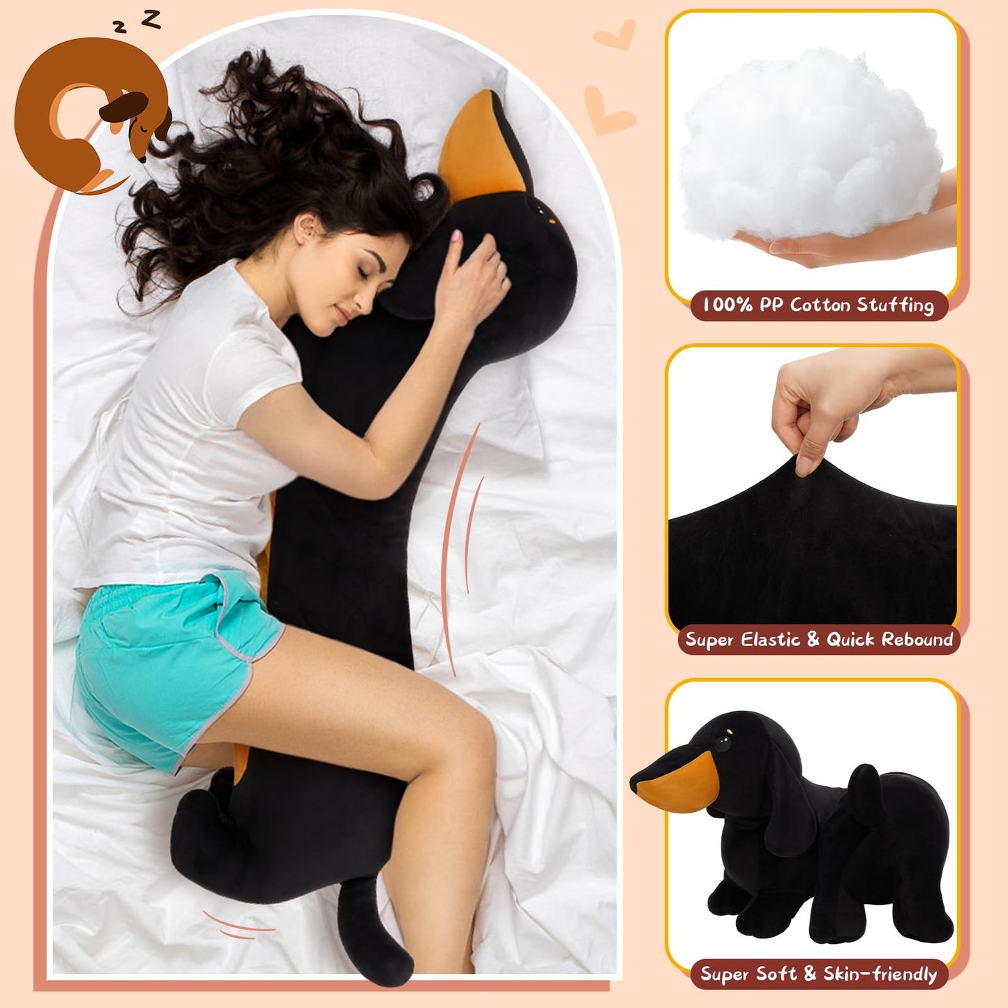 MorisMos Dachshund Plush 4ft - Realistic Black Weiner Dog Body Pillow