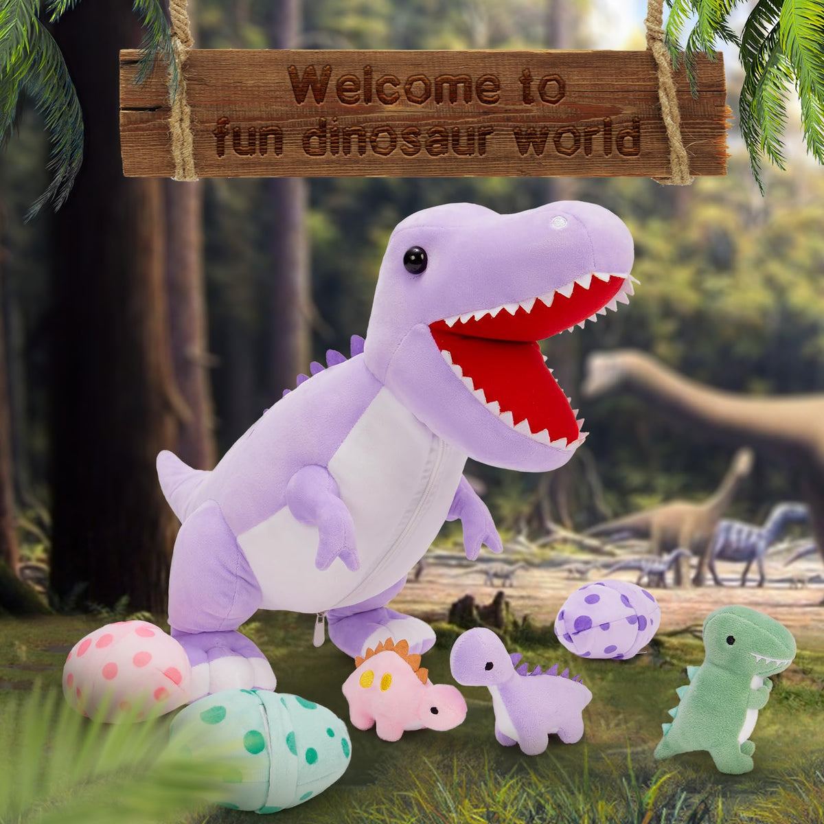 MorisMos 23.6'' Dinosaur Mommy T-Rex with 3 Baby Dinos – Plush Toy Gift & Room Decor