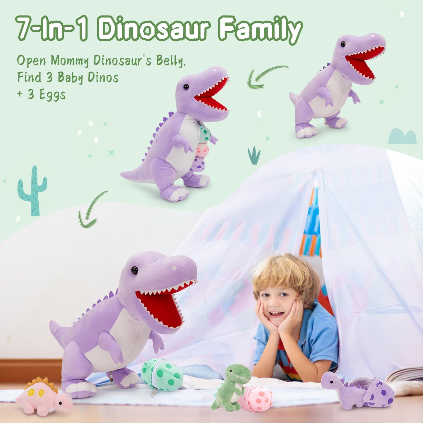 MorisMos 23.6'' Dinosaur Mommy T-Rex with 3 Baby Dinos – Plush Toy Gift & Room Decor