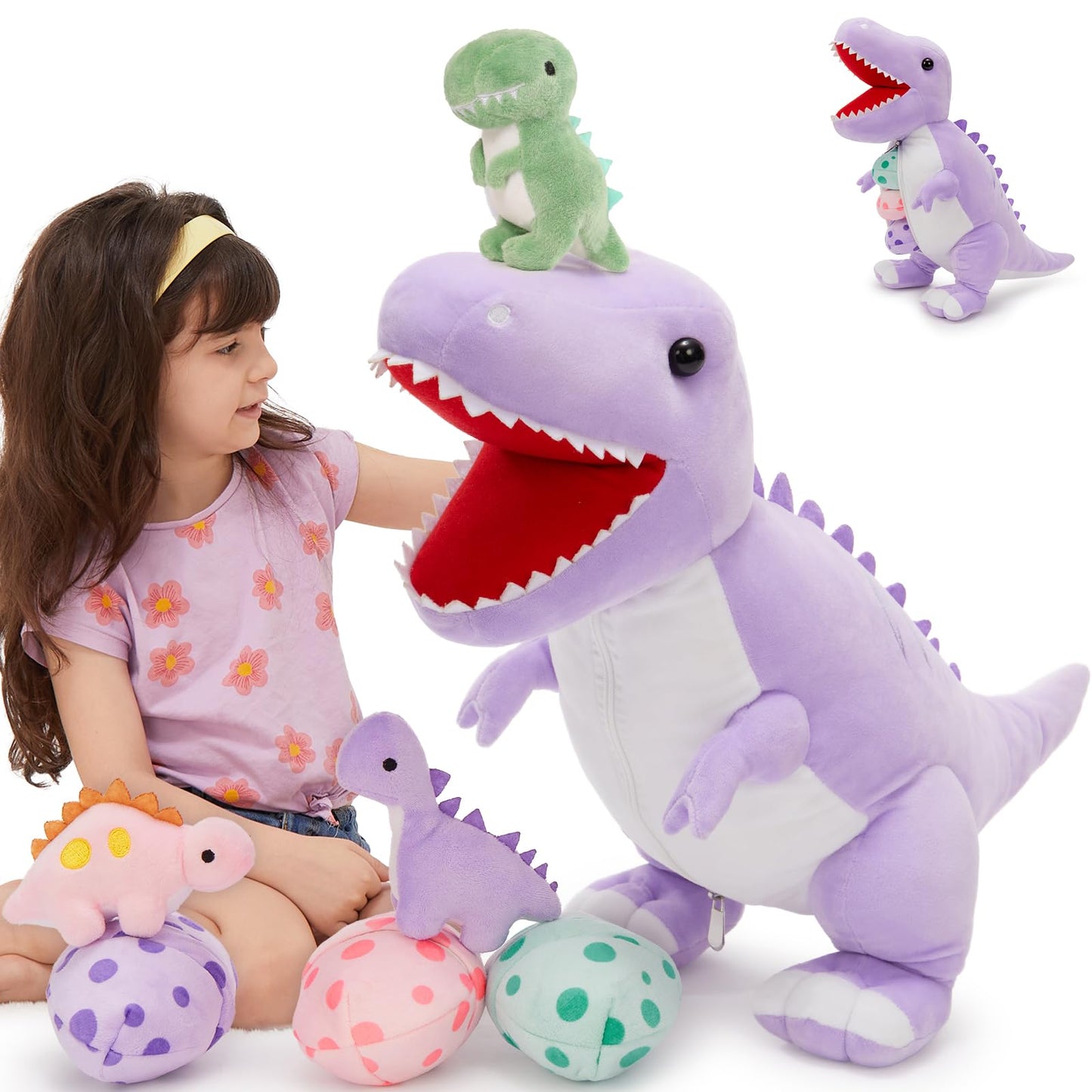 MorisMos 23.6'' Dinosaur Mommy T-Rex with 3 Baby Dinos – Plush Toy Gift & Room Decor