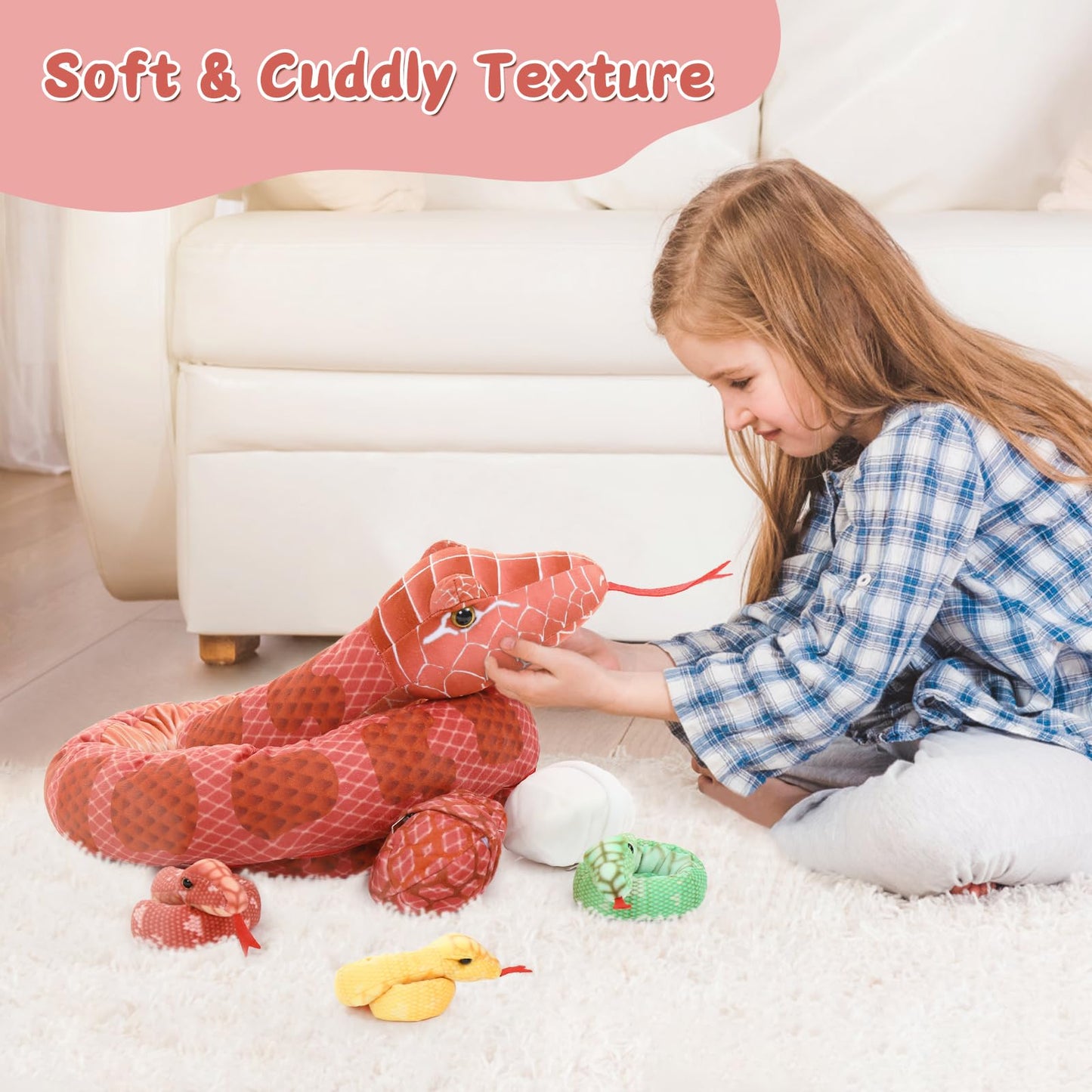 MorisMos Giant Snake Plush — 80-Inch Mommy with Babies Realistic Red Boa Constrictor Stuffed Animal