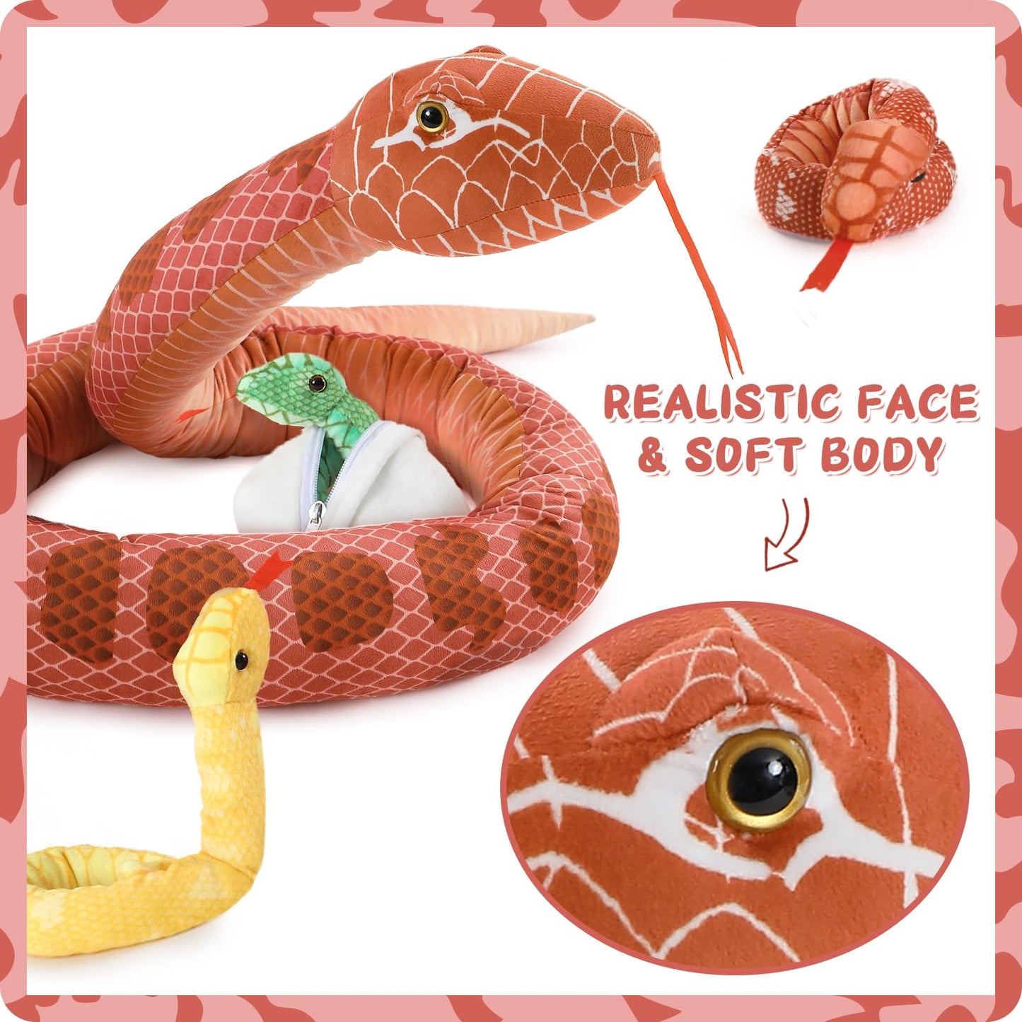 MorisMos Giant Snake Plush — 80-Inch Mommy with Babies Realistic Red Boa Constrictor Stuffed Animal