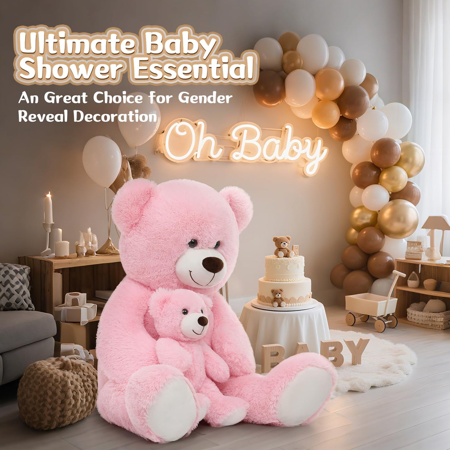 MorisMos Mom and Baby Giant Teddy Bear, 39-Inch Pink Plush