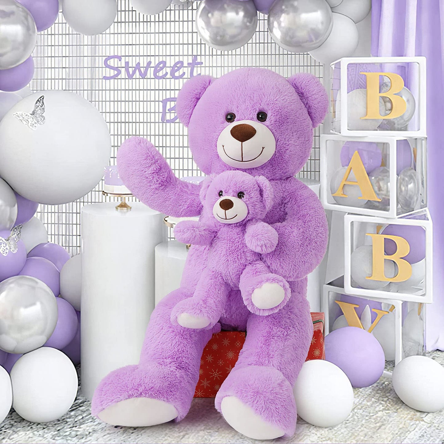 MorisMos Mom and Baby Giant Teddy Bear – 39-Inch Purple Plush for Baby Showers & Cozy Rooms