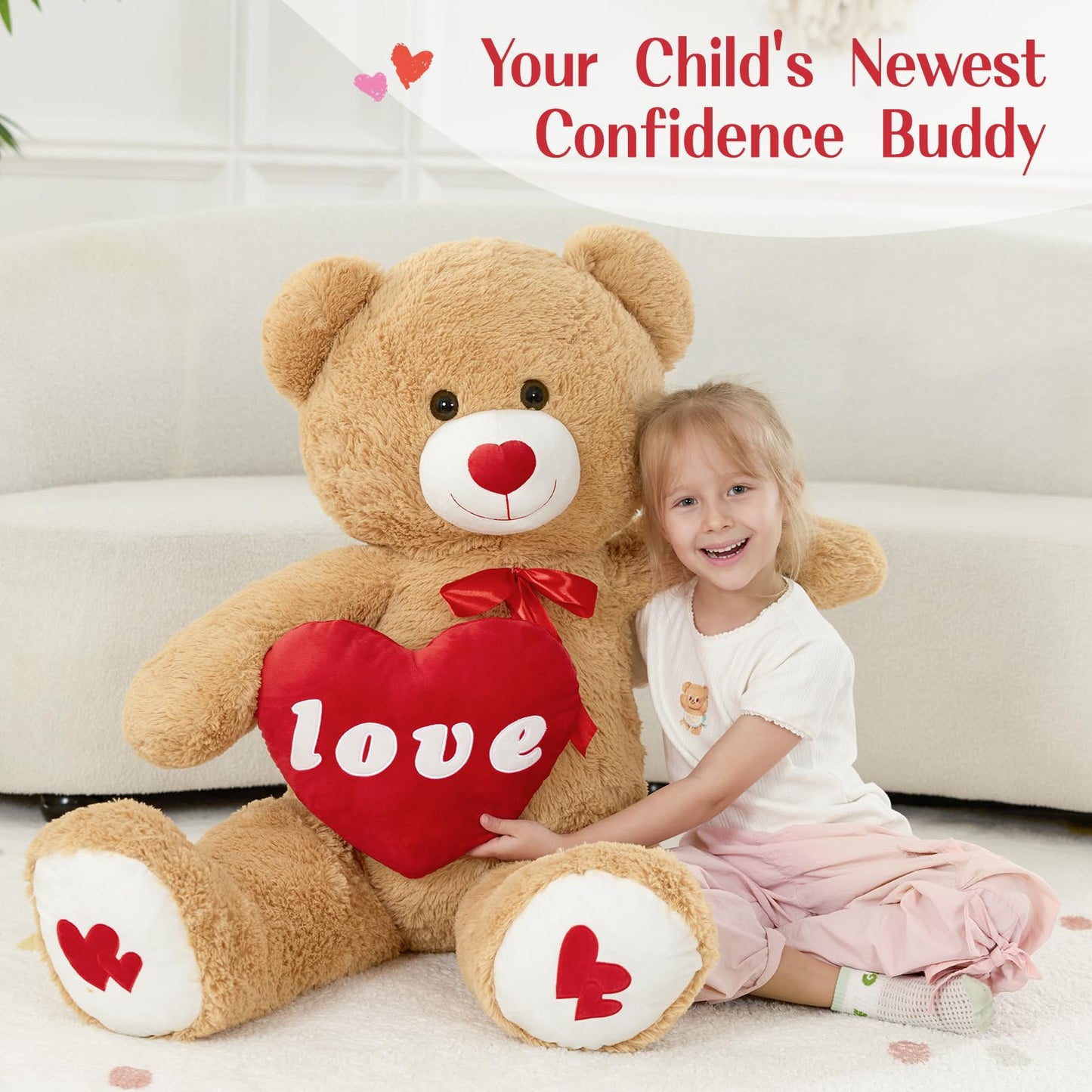 MorisMos Love Heart Giant Teddy Bear – 4 ft I Love You Plush, Brown